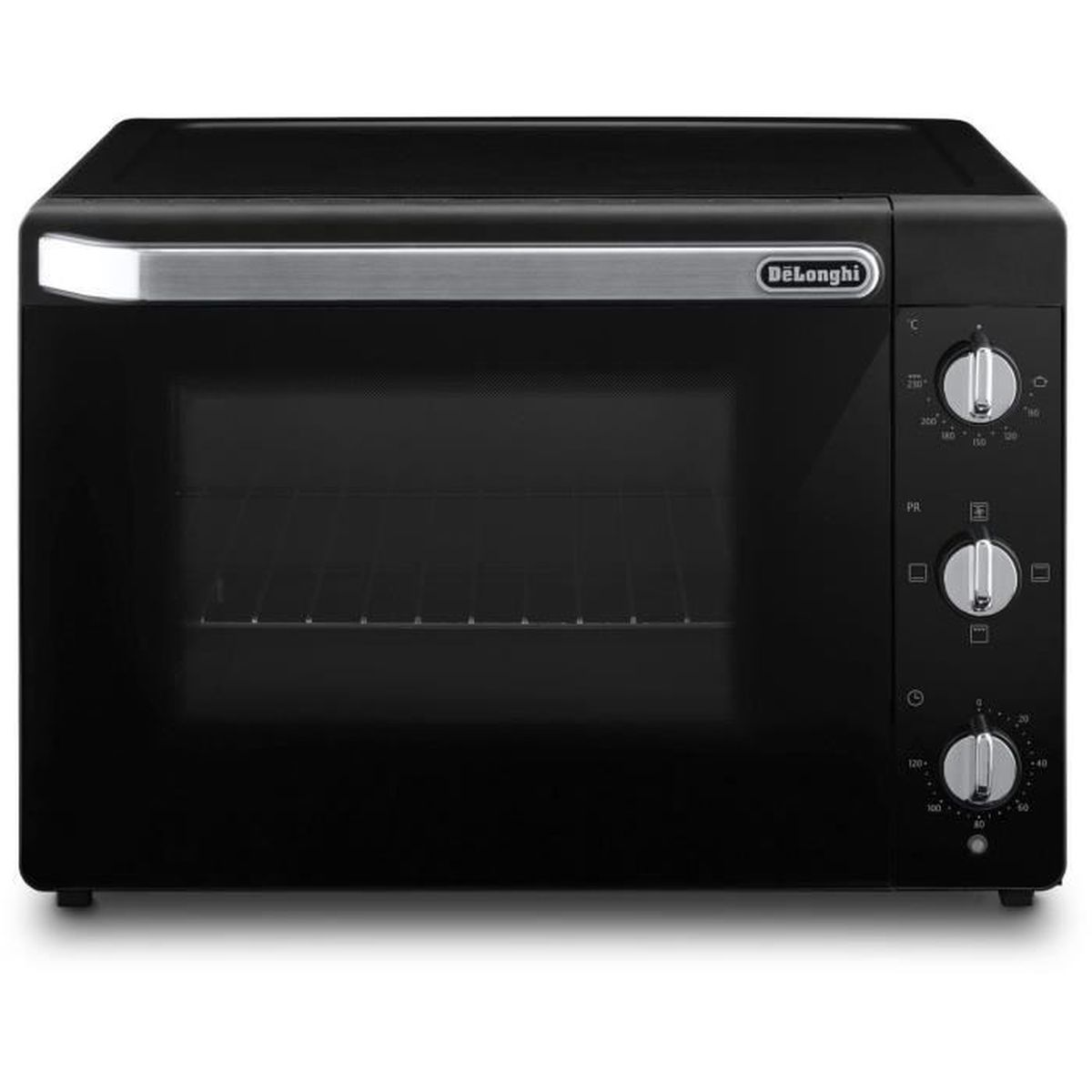 Un horno negro DeLonghi. Tiene puerta de cristal, asa plateada y mandos para el control de temperatura.