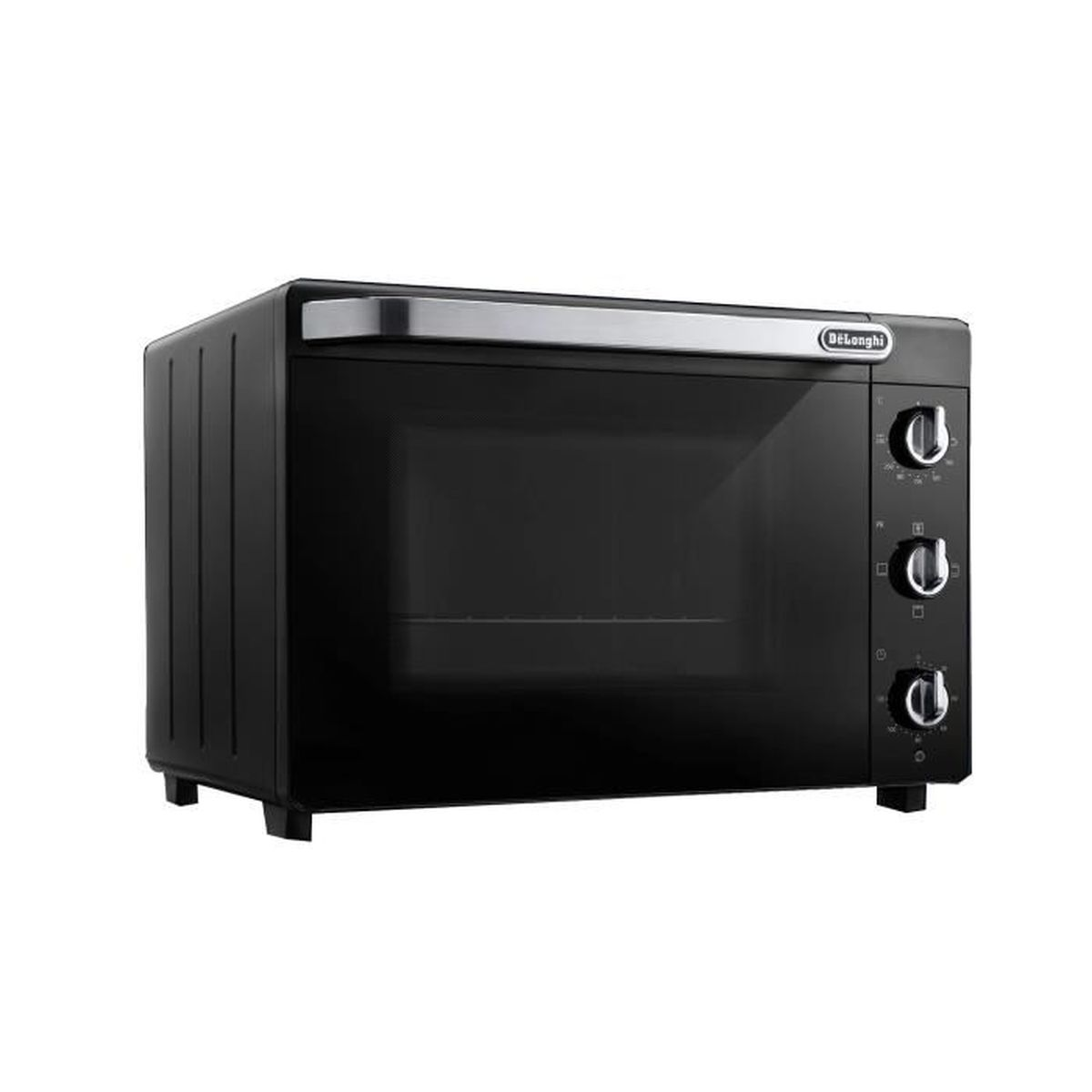 Un horno negro Delonghi sobre fondo blanco. Tiene puerta de cristal, mandos y un asa plateada.