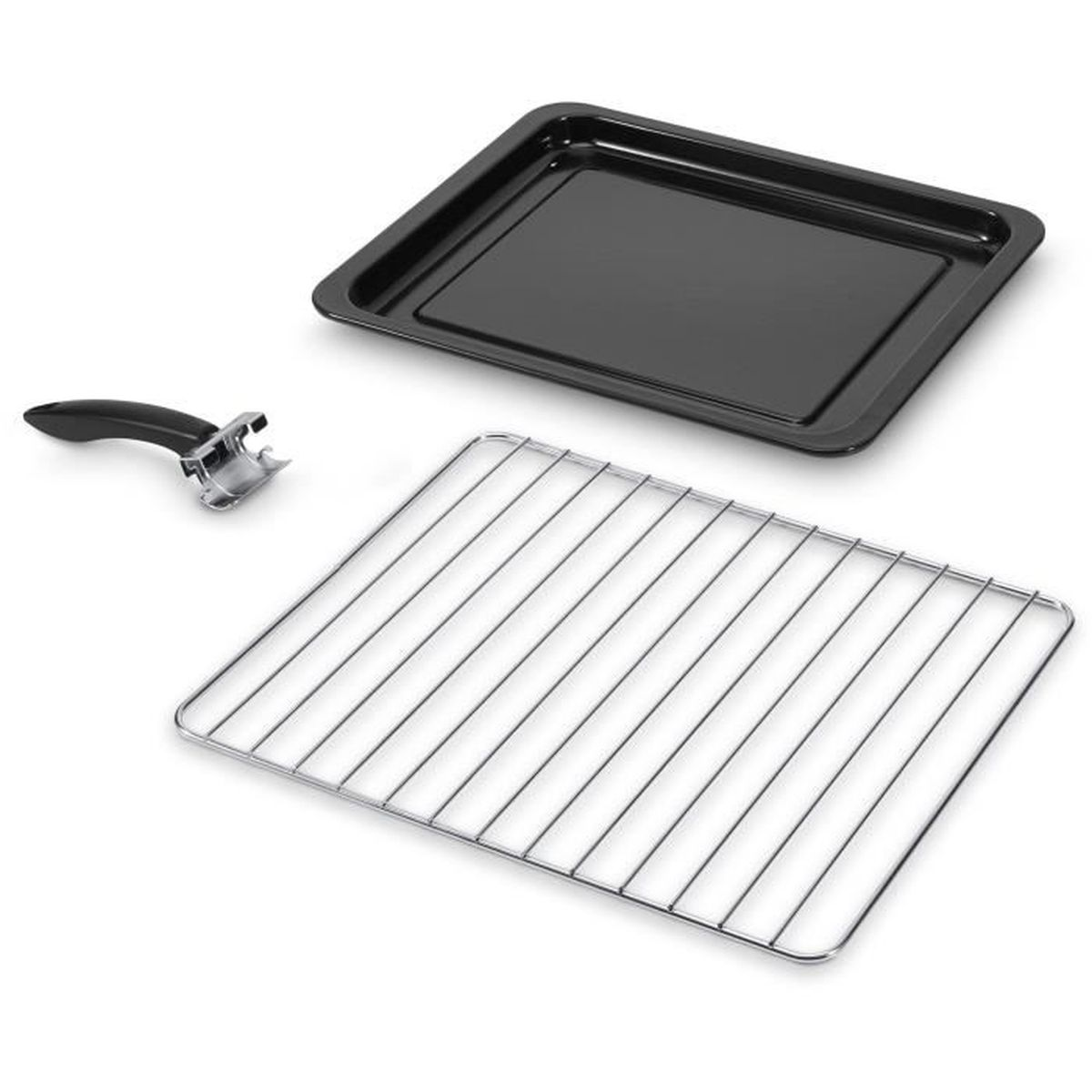 Un juego de horno con bandeja negra, rejilla metálica, asa, todo sobre blanco. La bandeja es rectangular. La rejilla es una rejilla. El asa es negra.