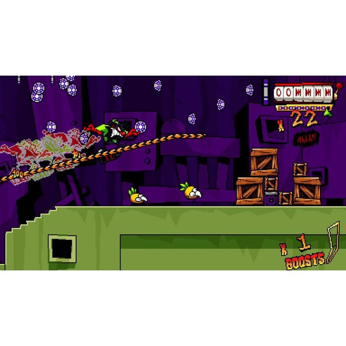 Una scena di gioco a cartoni animati. Un personaggio verde salta su una corda, carote a terra, casse e sfondo viola.
