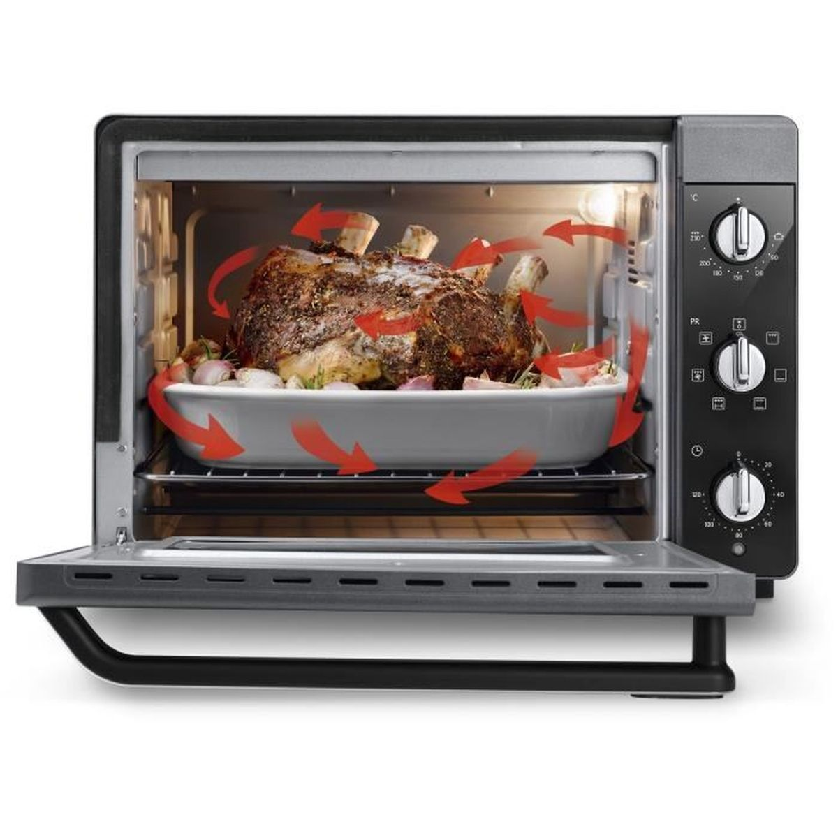 Piekarnik z pieczonym mięsem w środku. Czerwone strzałki pokazują cyrkulację powietrza. Drzwi otwarte, pokrętła po prawej.