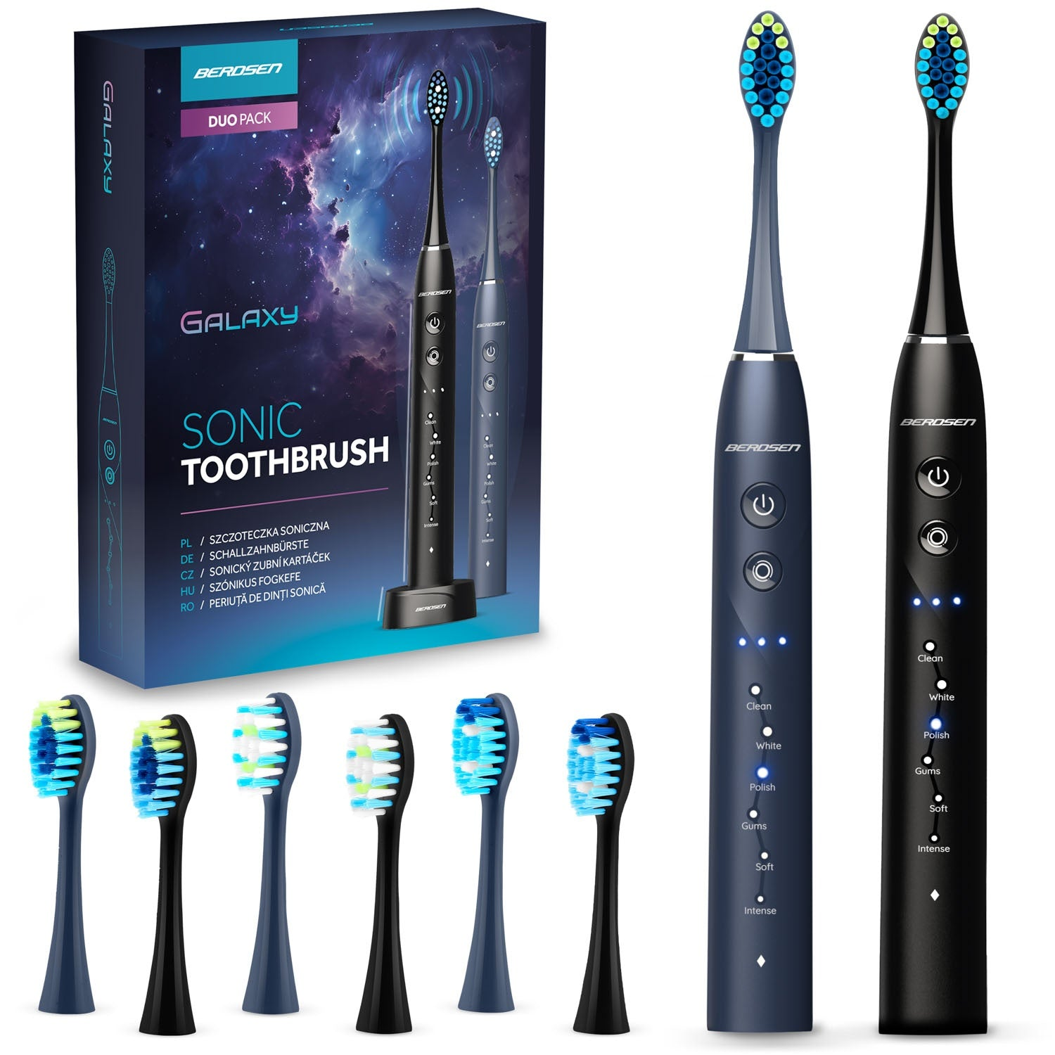 La imagen muestra un cepillo de dientes sónico con su caja y cabezales de repuesto. La caja dice 'Galaxy Sonic Toothbrush' y 'Berdsen'.