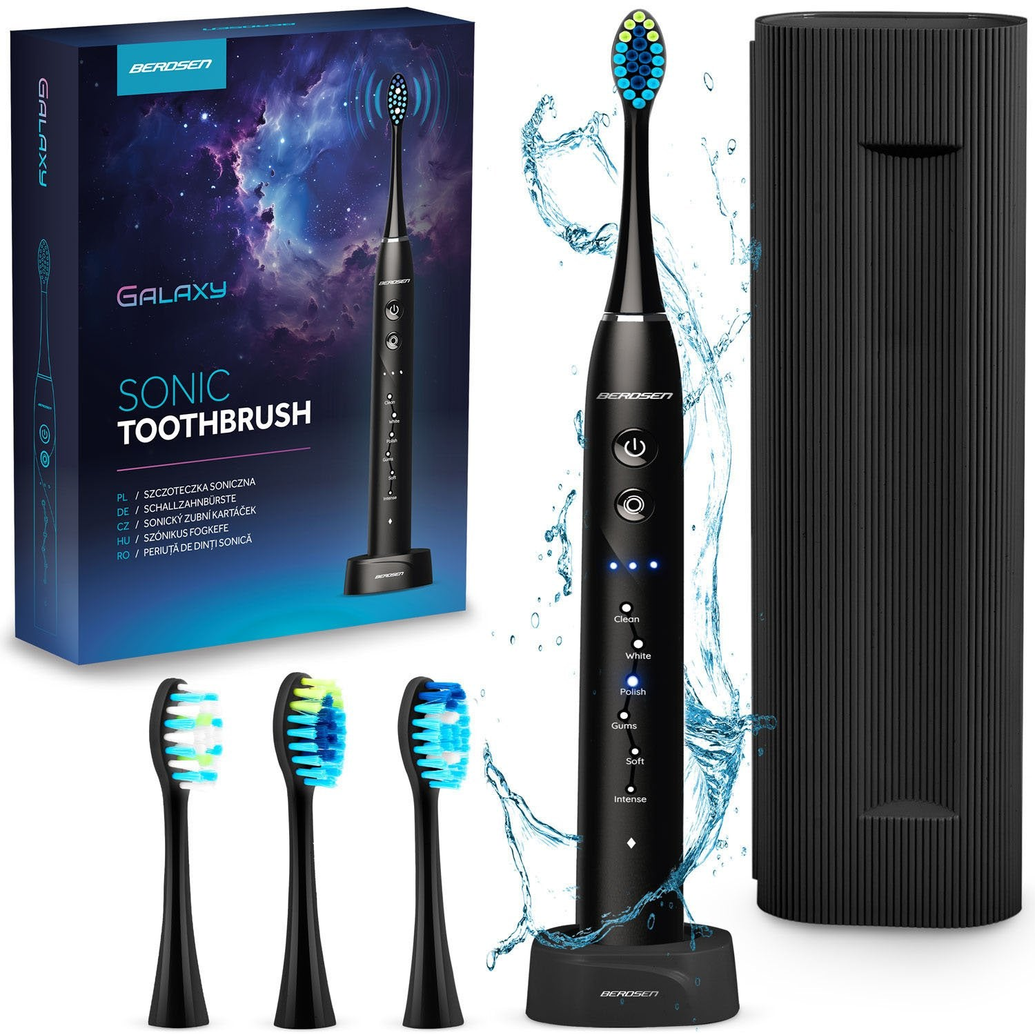 Cepillo de dientes eléctrico negro con cargador y cabezales de repuesto. La caja muestra el nombre del producto. Salpicaduras de agua a la derecha.