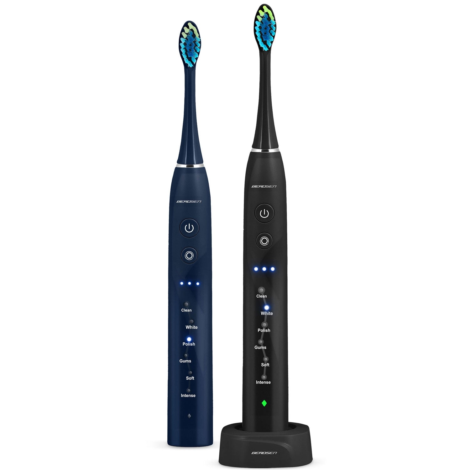 Dos cepillos de dientes eléctricos: uno azul, uno negro. Ambos muestran modos de limpieza. El negro está en una base de carga.