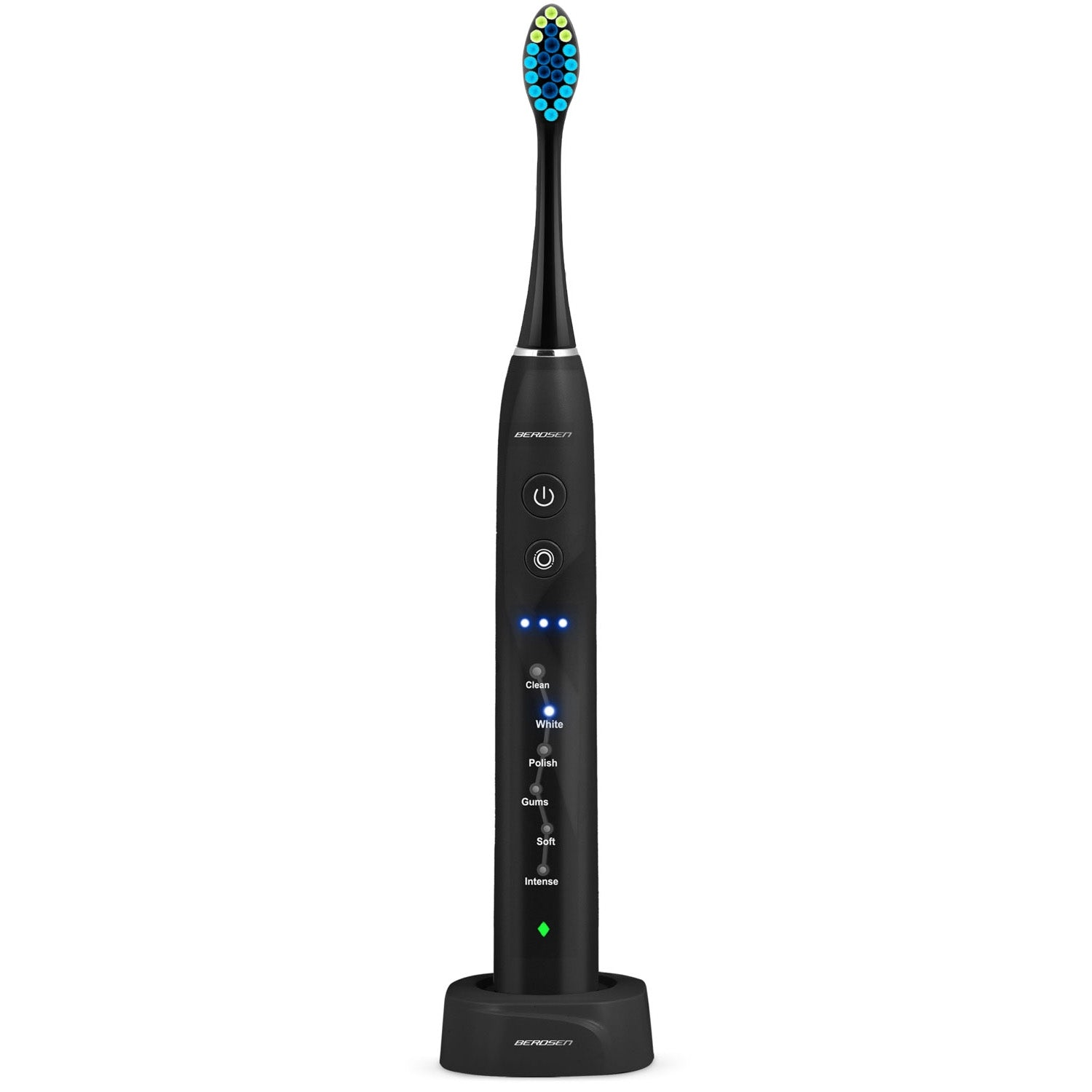 Cepillo de dientes eléctrico negro sobre un soporte. Tiene un botón, modos para limpiar, blanquear, pulir, encías, suave, intenso y un indicador de carga.