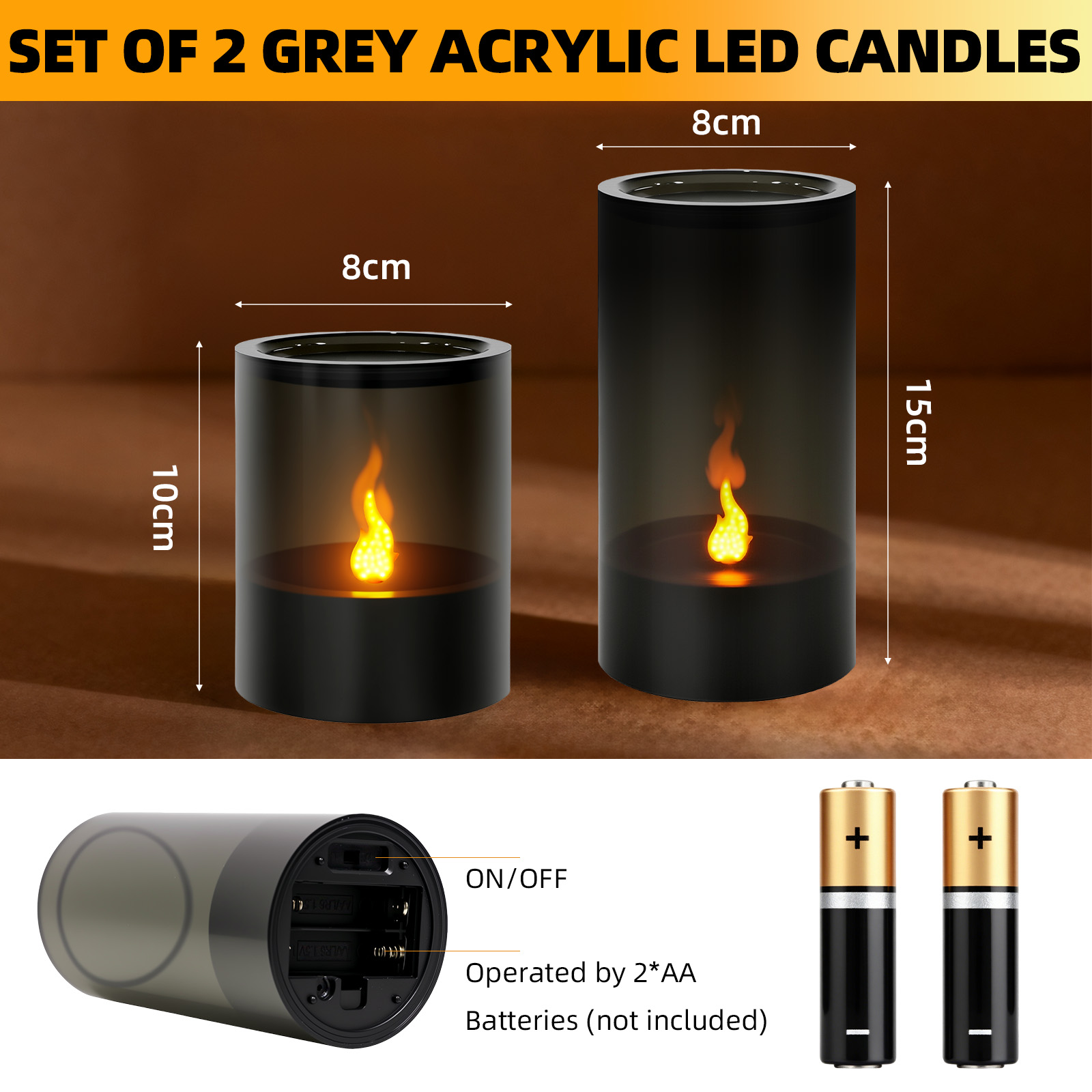Zwei graue Acryl-LED-Kerzen mit Flammeneffekt. Abmessungen sind angegeben. Inklusive Batteriefach und zwei AA-Batterien.