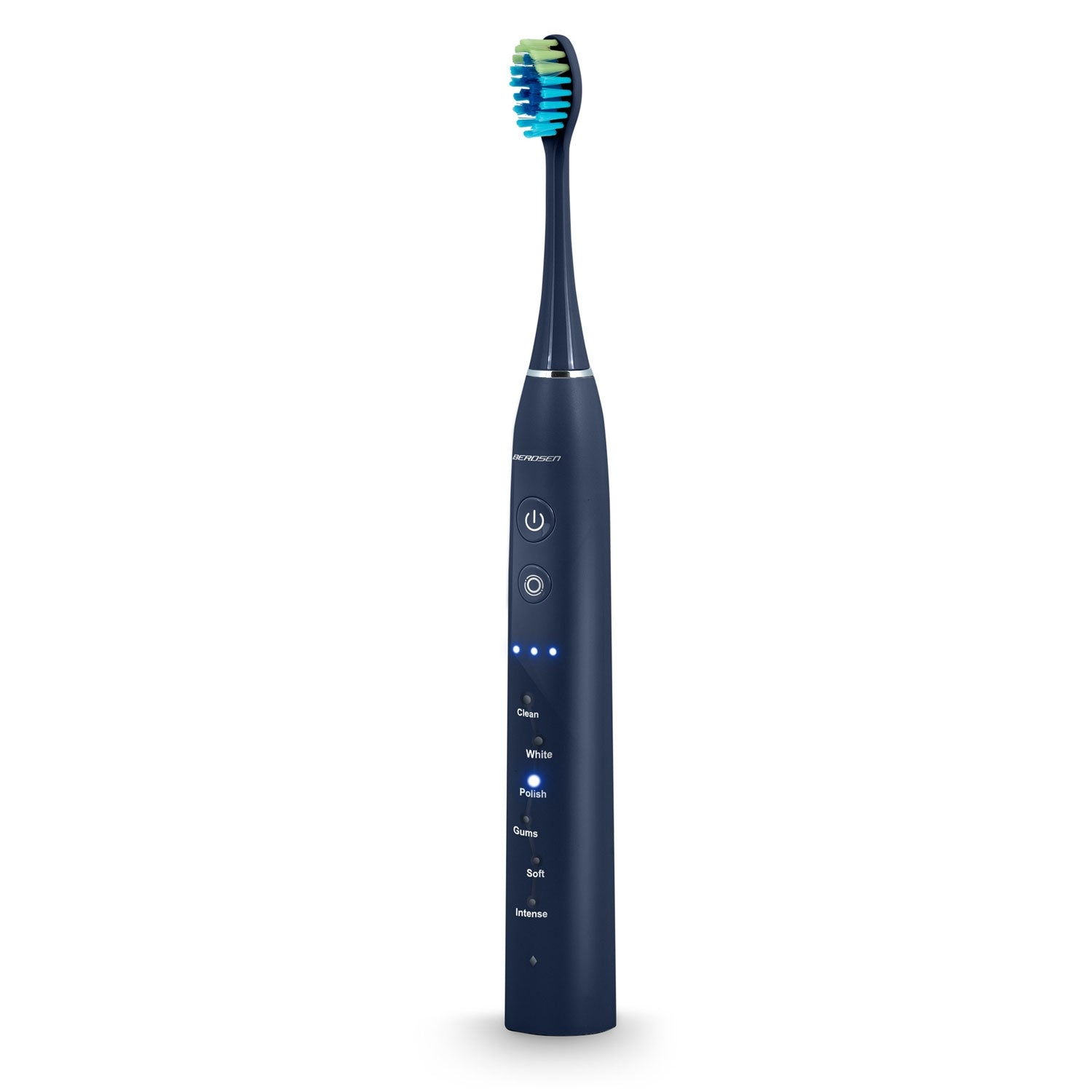 Un cepillo de dientes eléctrico azul oscuro con un cabezal azul, verde y blanco. Tiene botones de encendido/apagado y modo, y ajustes de limpieza.