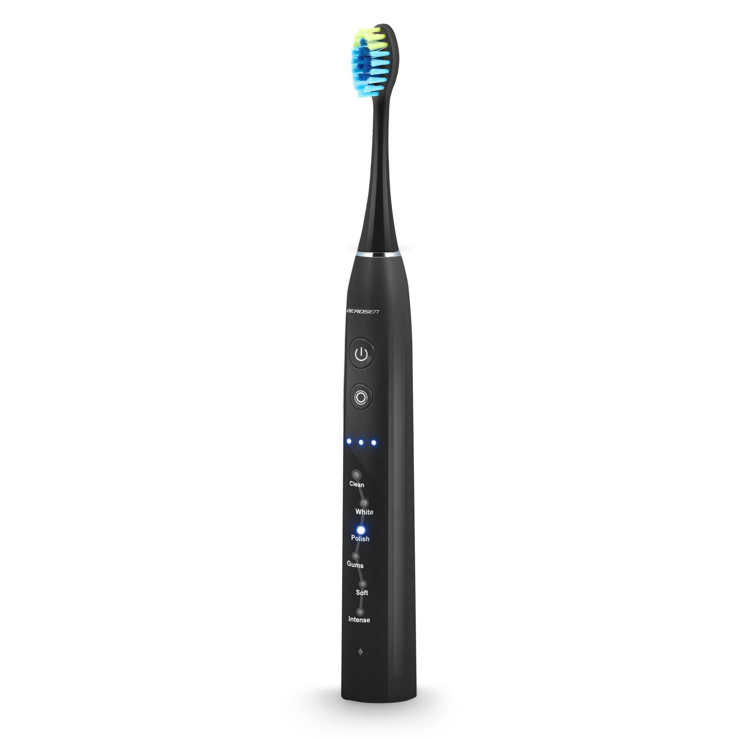 Un cepillo de dientes eléctrico negro con cerdas azules, verdes y amarillas. Tiene varias opciones de modo iluminadas. La marca es BEROSEN.