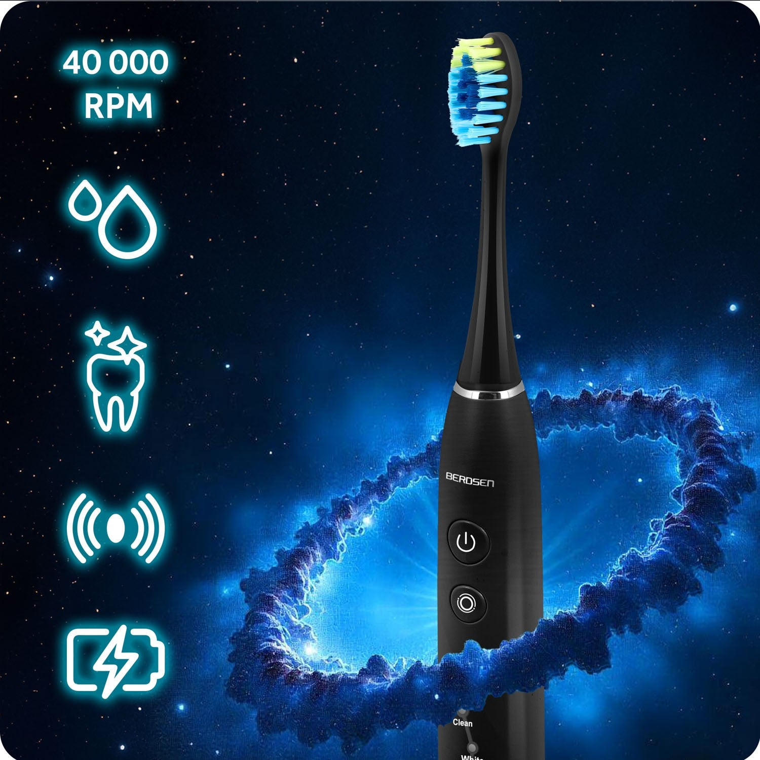 Un cepillo de dientes eléctrico negro con cerdas azules y amarillas, sobre un fondo cósmico azul oscuro con iconos y texto.