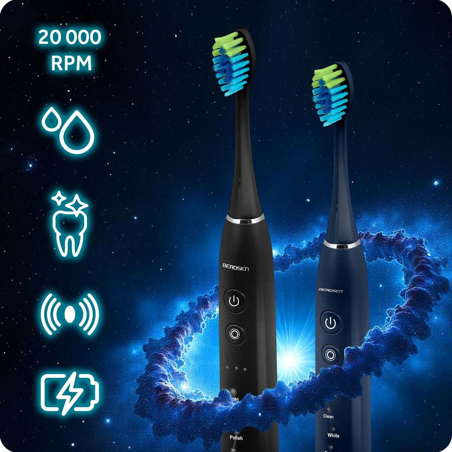 Dos cepillos de dientes eléctricos con cerdas verdes y azules. Mangos negros y azules. Iconos de gotas de agua, un diente, wifi y una batería.