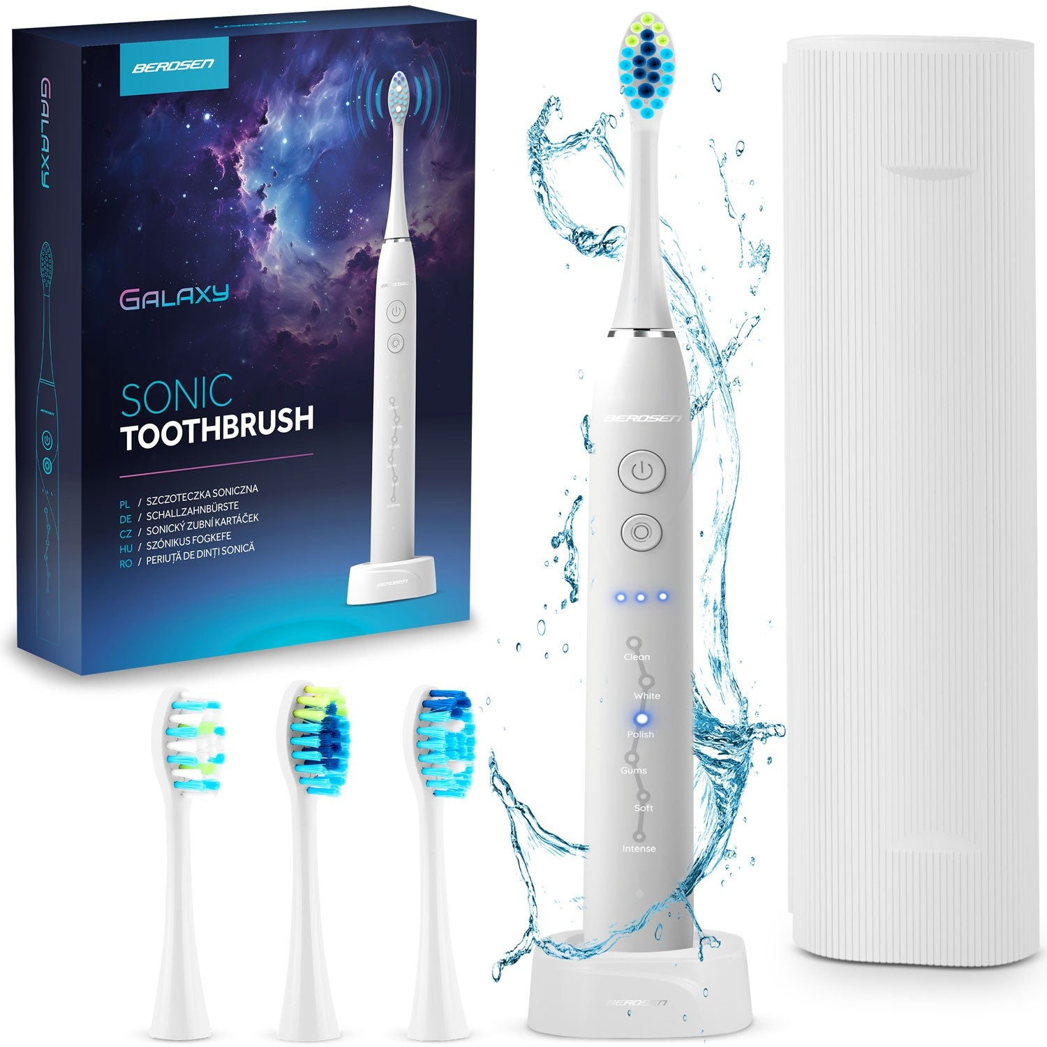 Un cepillo de dientes eléctrico blanco con cabezales adicionales, base de carga y estuche. En el fondo, una caja con diseño de galaxia.