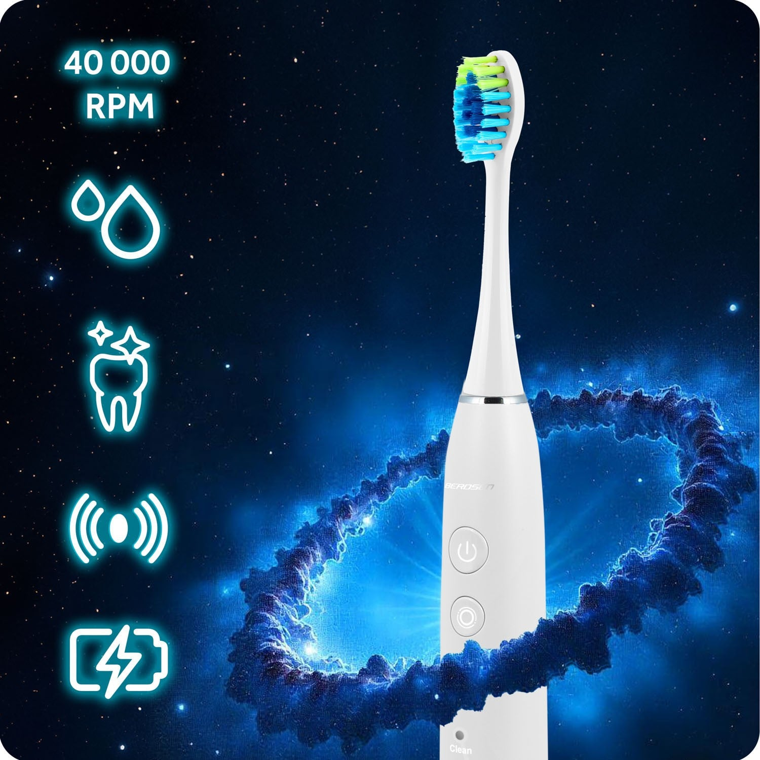 Un cepillo de dientes eléctrico blanco con cerdas azules y verdes. Tiene iconos de agua, diente y batería. El fondo es azul con aspecto de galaxia.