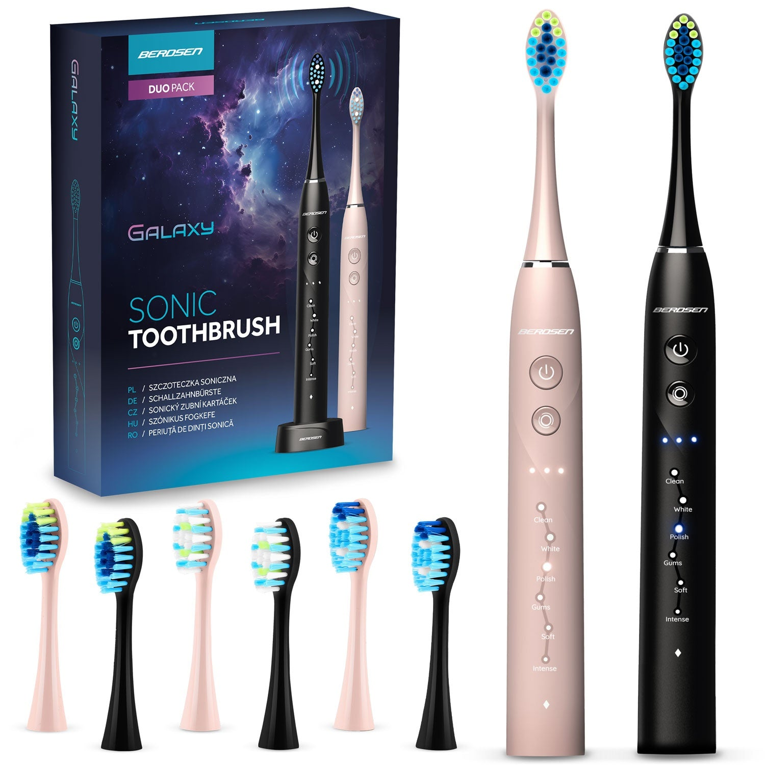 Una caja con dos cepillos de dientes eléctricos y cabezales de repuesto. La caja dice 'Galaxy Sonic Toothbrush'. Se ven dos cepillos de dientes.