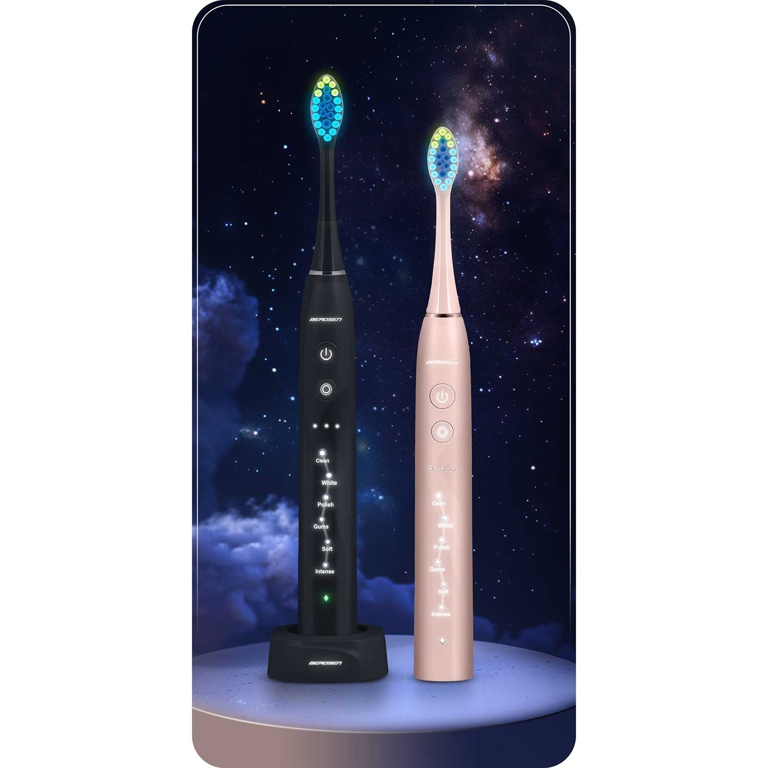 Dos cepillos de dientes eléctricos, negro y oro rosa, con cabezales brillantes, exhibidos contra un fondo estrellado.