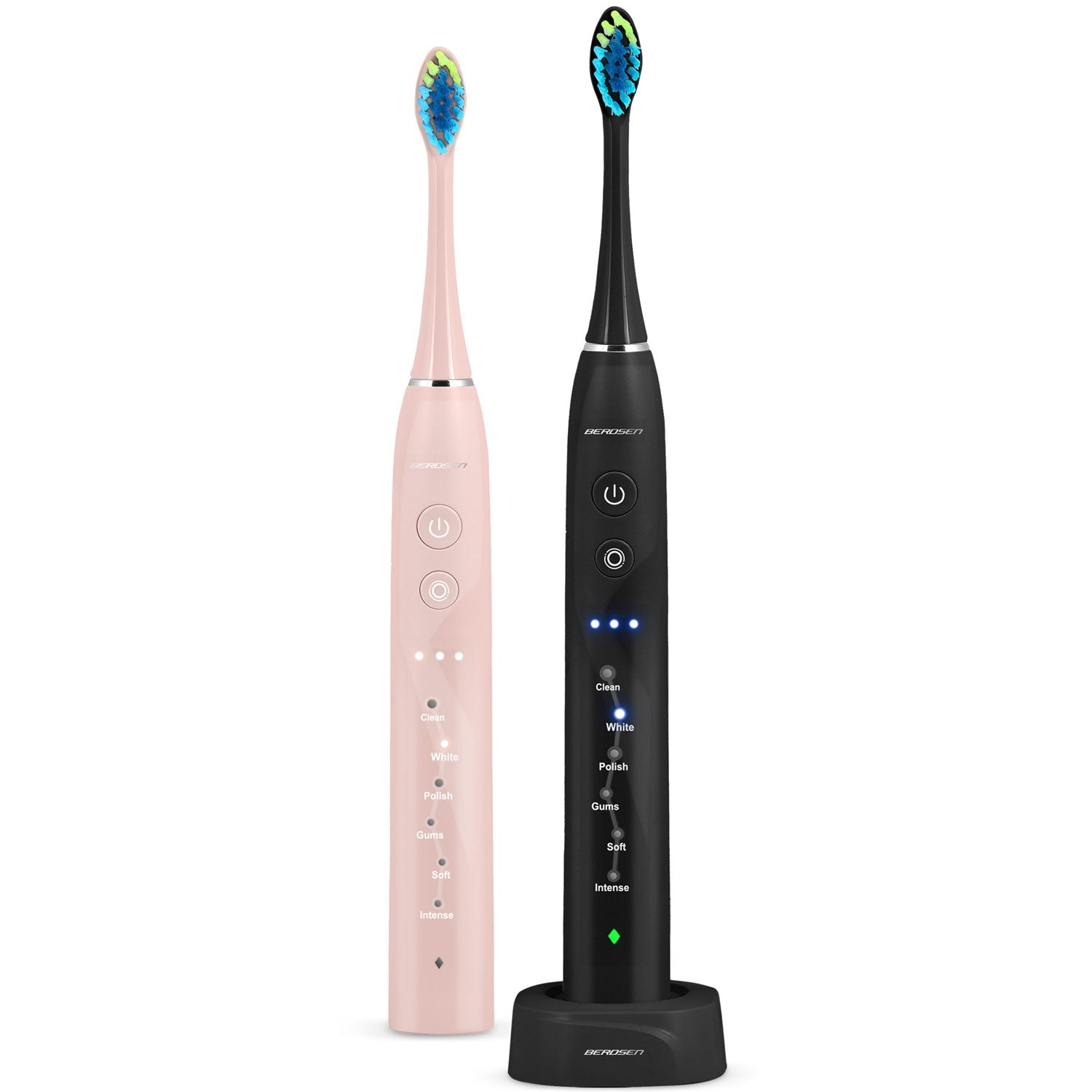 Dos cepillos de dientes eléctricos: rosa y negro. Ambos tienen botones de encendido/apagado y modos de limpieza. El negro tiene una base de carga.