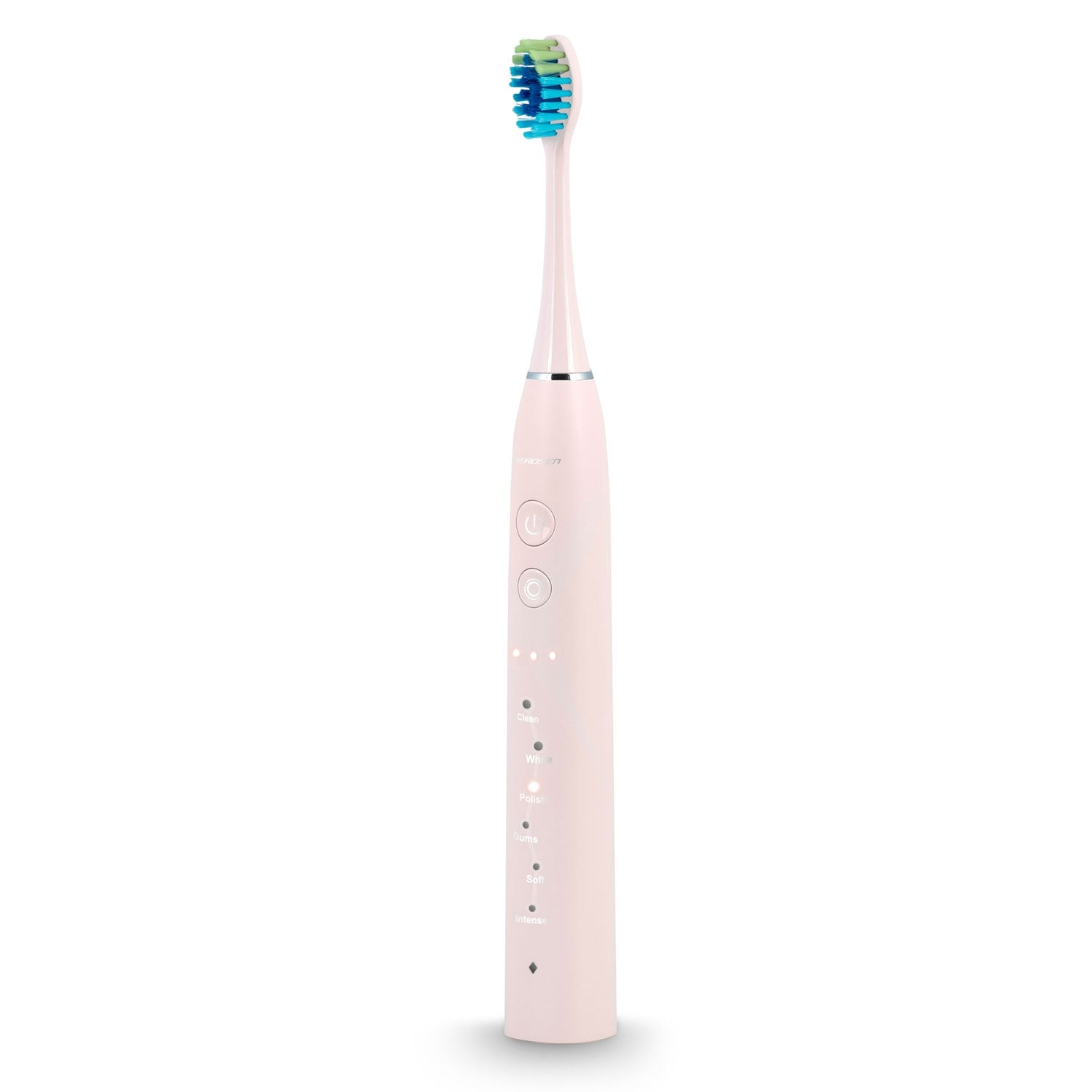 Un cepillo de dientes eléctrico rosa con cabezal de cerdas azules y verdes. Tiene botones de encendido y modo, con ajustes de intensidad.