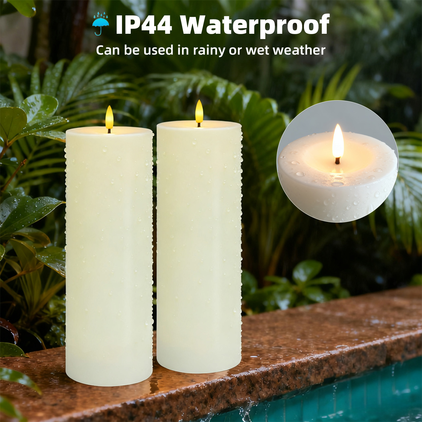Zwei wasserdichte Kerzen mit Flamme. Wassertropfen auf den Kerzen und ein kleines Bild einer brennenden Kerze.