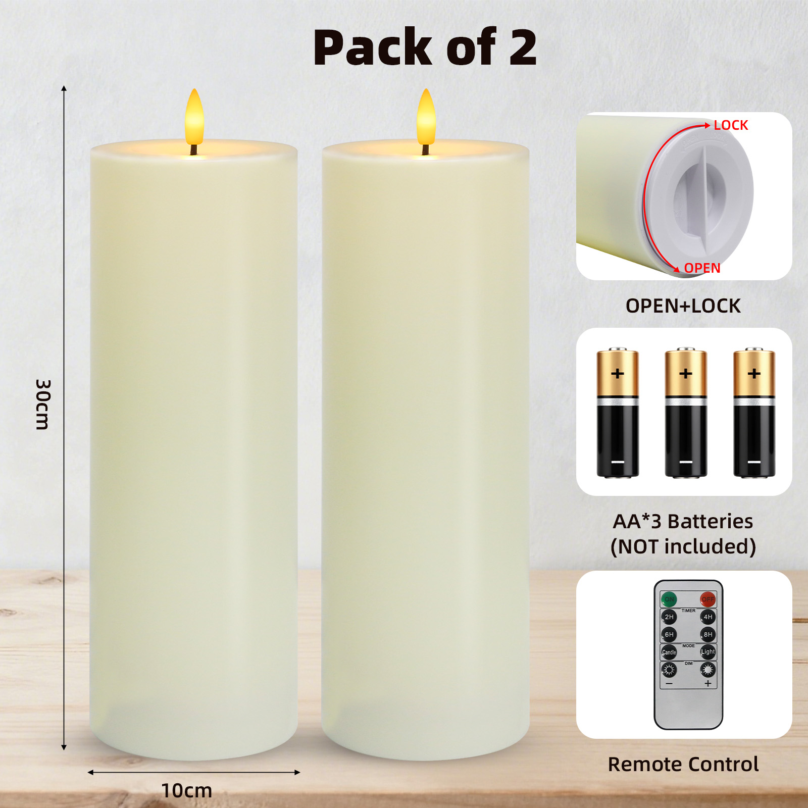 Zwei elfenbeinfarbene LED-Kerzen mit Fernbedienung. Batteriefach und Fernbedienungsdetails sind ebenfalls vorhanden.
