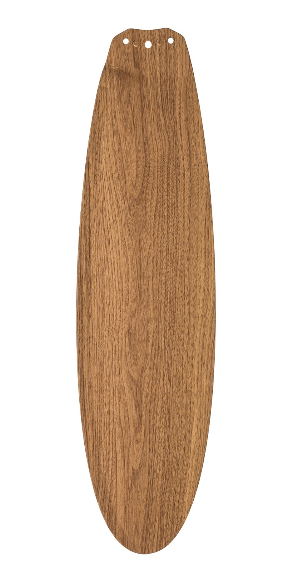 Una singola pala di ventilatore in legno, di forma ovale con tre fori nella parte superiore. Il legno ha un motivo a venature marroni su sfondo bianco.