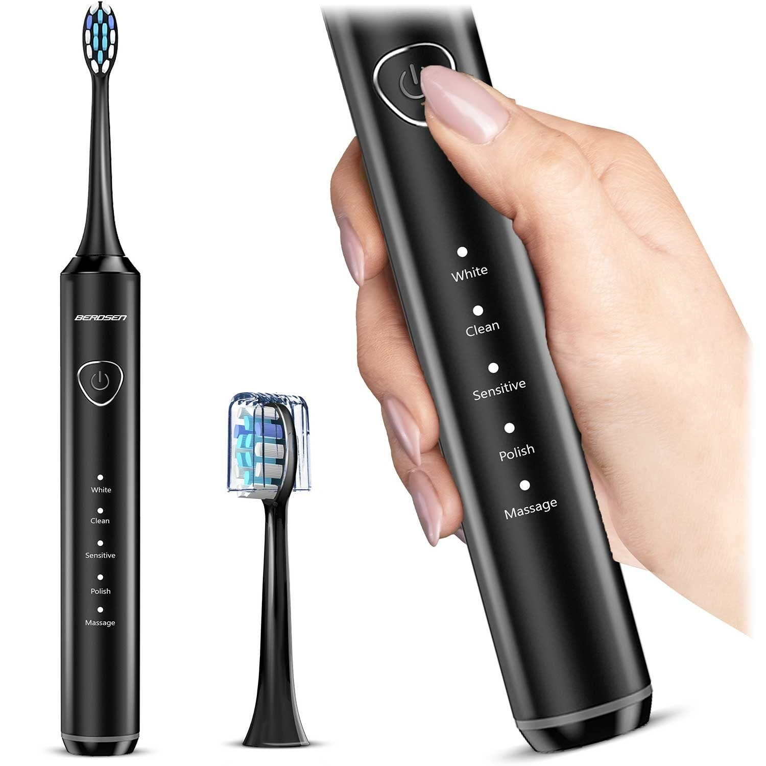 Cepillo de dientes eléctrico negro con múltiples modos. Una mano toca el botón de encendido. También se ven cabezales de cepillo adicionales.