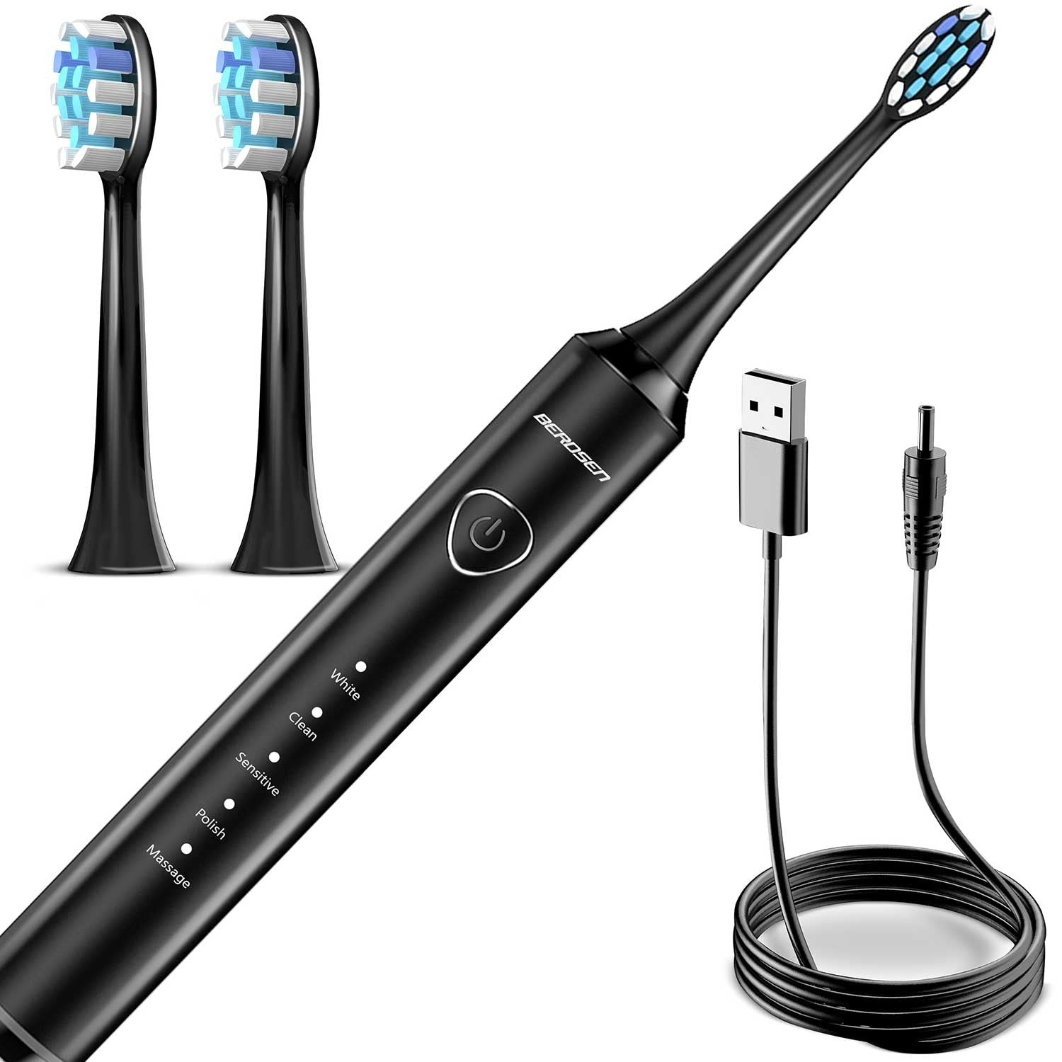 Cepillo de dientes eléctrico negro con dos cabezales de repuesto, cargador USB y cable de carga. Modos: blanco, limpio, sensible, pulido y masaje.