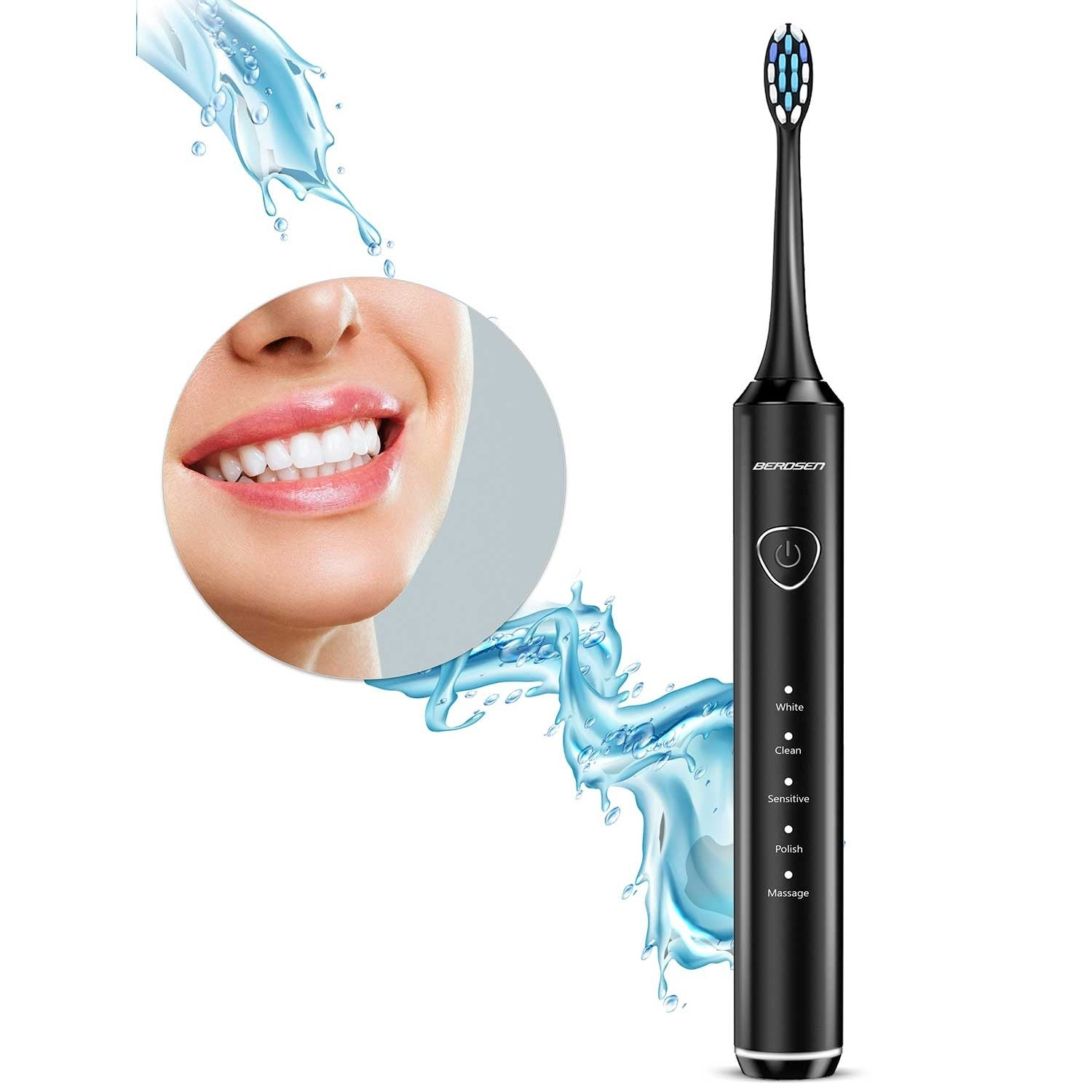 Un cepillo de dientes eléctrico negro con cerdas blancas, un chorro de agua y un primer plano de una persona sonriente con dientes blancos.