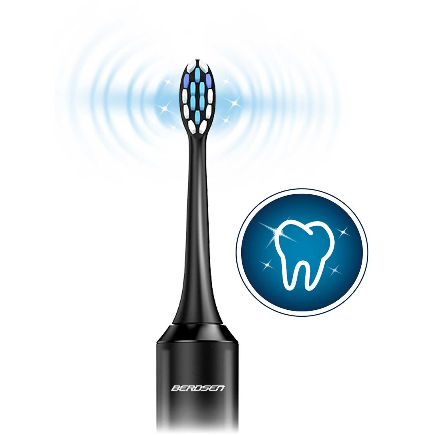 Cabezal de cepillo de dientes eléctrico negro con cerdas azules y blancas. Ondas sonoras azules y un logotipo de diente en un círculo.