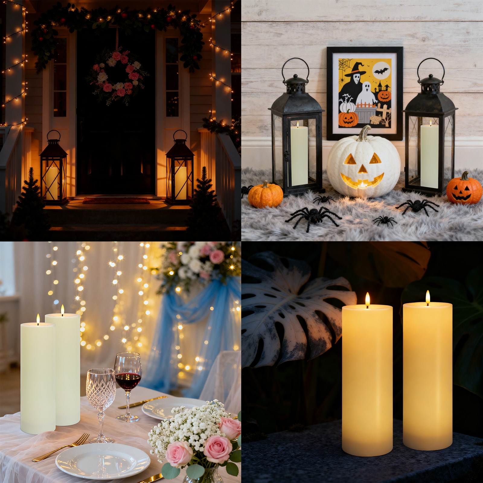 Eine mit Lichtern, Laternen und einem Kranz geschmückte Veranda. Eine Halloween-Szene mit Kürbissen und Spinnen.
