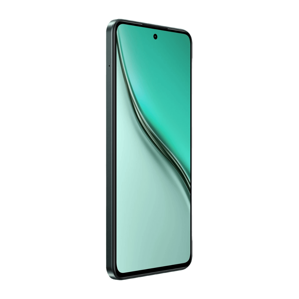 Smartfon, ekran turkusowy, czarna ramka, pochylony w lewo, na czarnym tle. Kropka aparatu u góry.