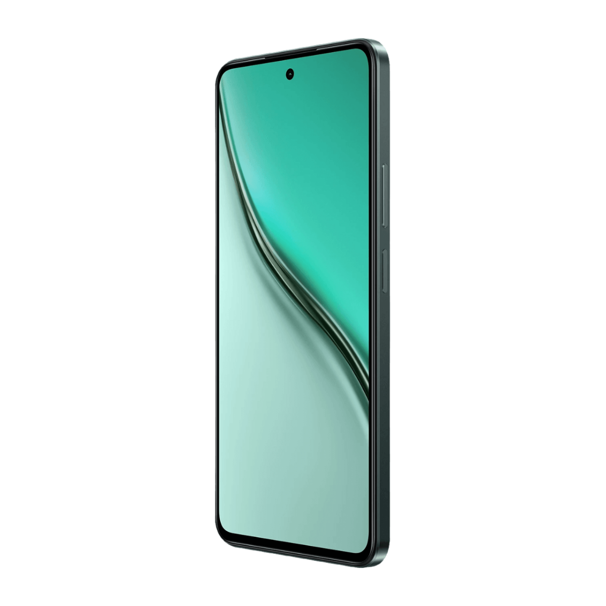 Smartfon, ekran w kolorze niebiesko-zielonym, czarne tło. Telefon jest pod kątem, pokazując bok z przyciskami i aparatem.