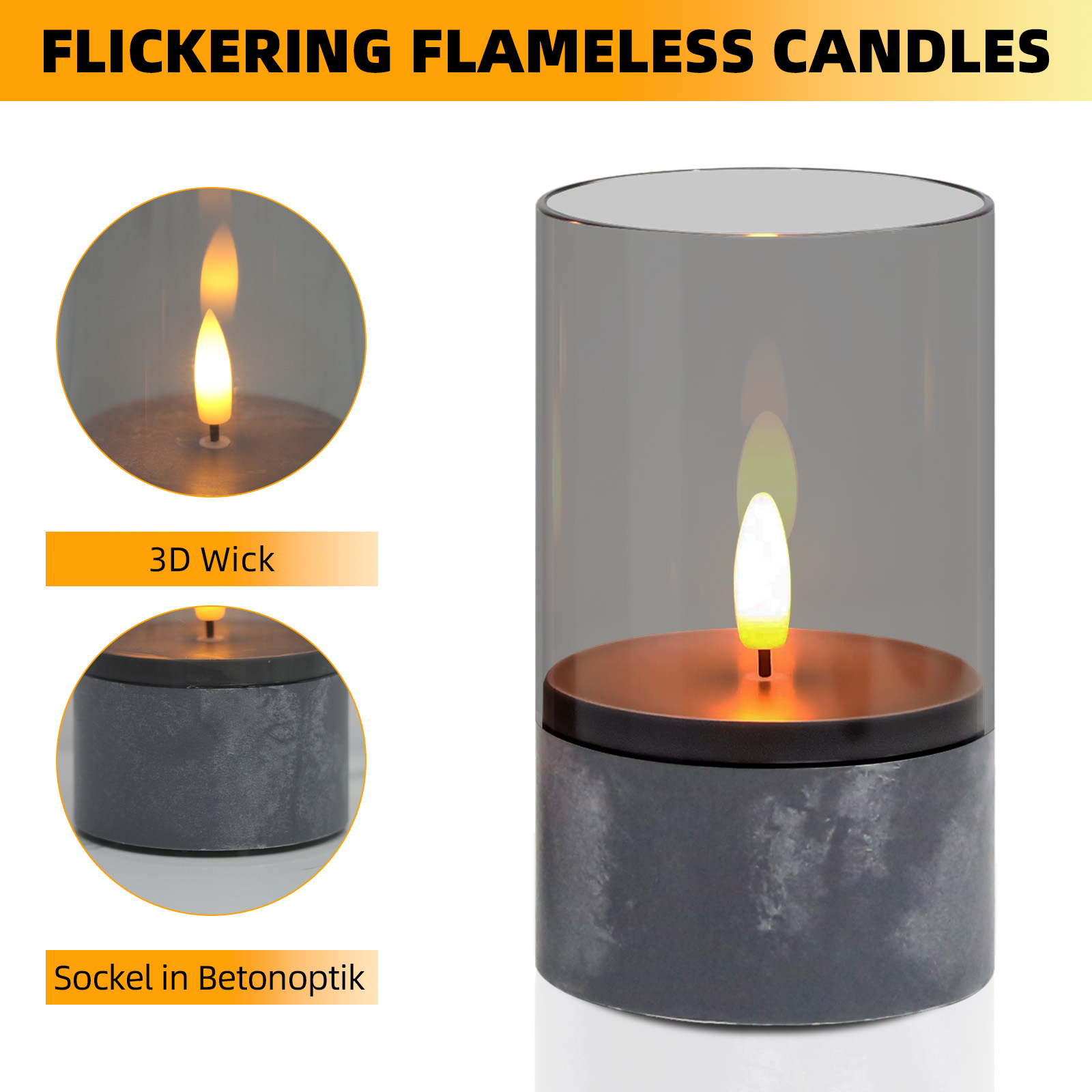 Eine flammenlose Kerze in einem Glaszylinder. Sie hat einen 3D-Docht und einen dunkelgrauen Sockel. Die Kerze brennt.