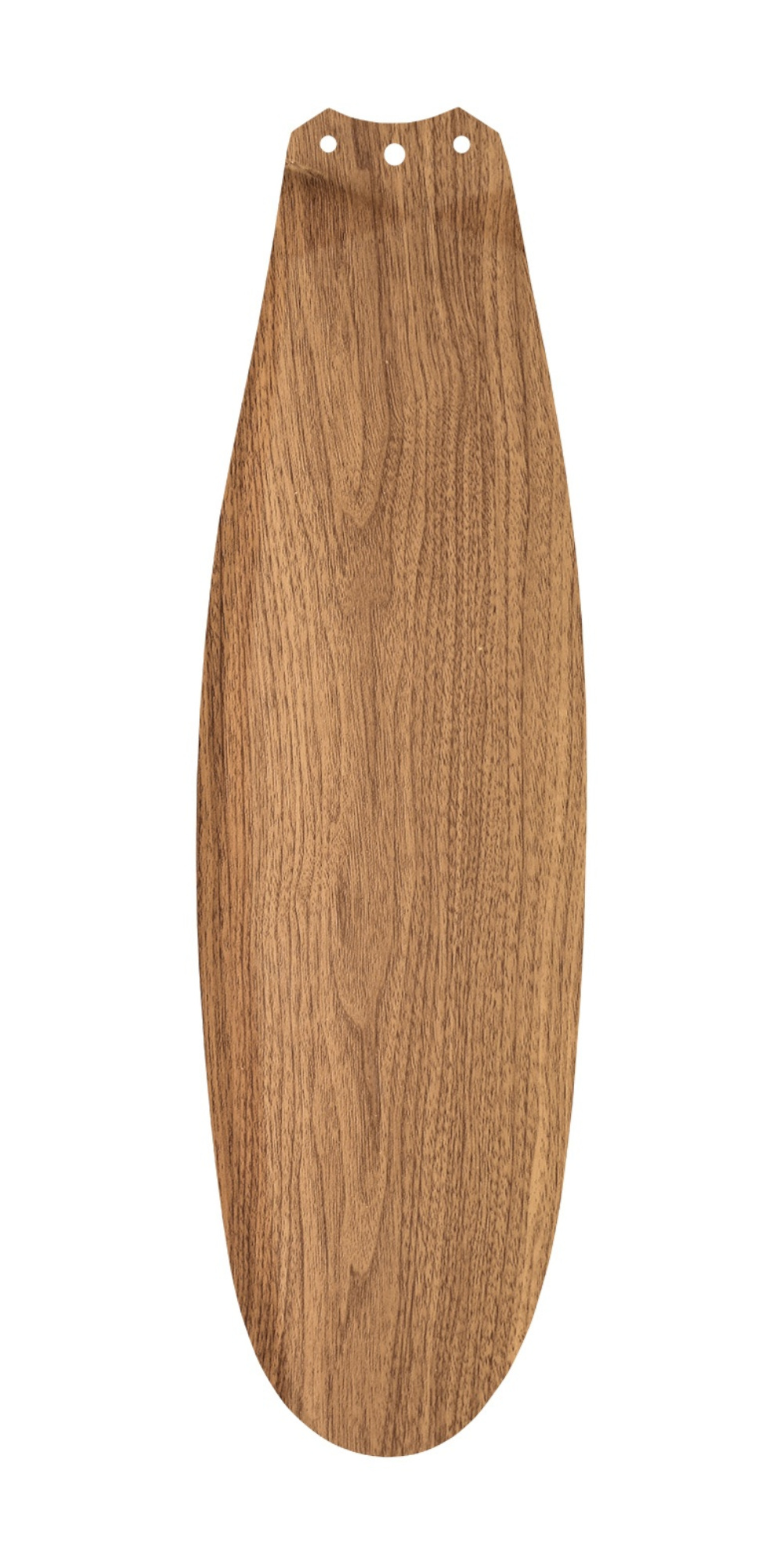 Ein einzelner hölzerner Lüfterflügel. Er ist braun mit Holzmaserung. Oben sind drei Löcher. Der Hintergrund ist weiß.