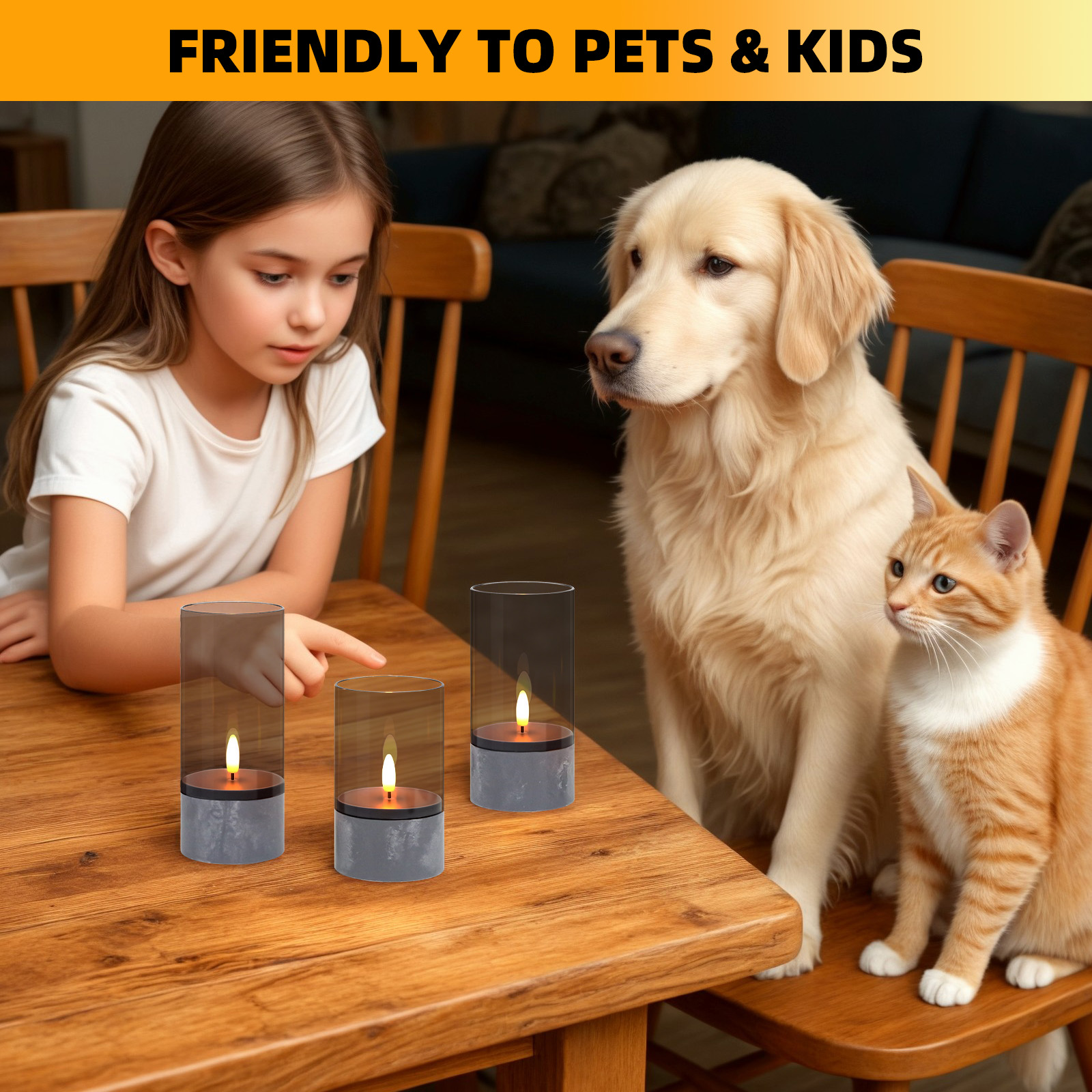 Ein Mädchen zeigt auf Kerzen auf einem Tisch. Ein Hund und eine Katze sitzen in der Nähe. Der Text lautet: 'Freundlich für Haustiere und Kinder'.