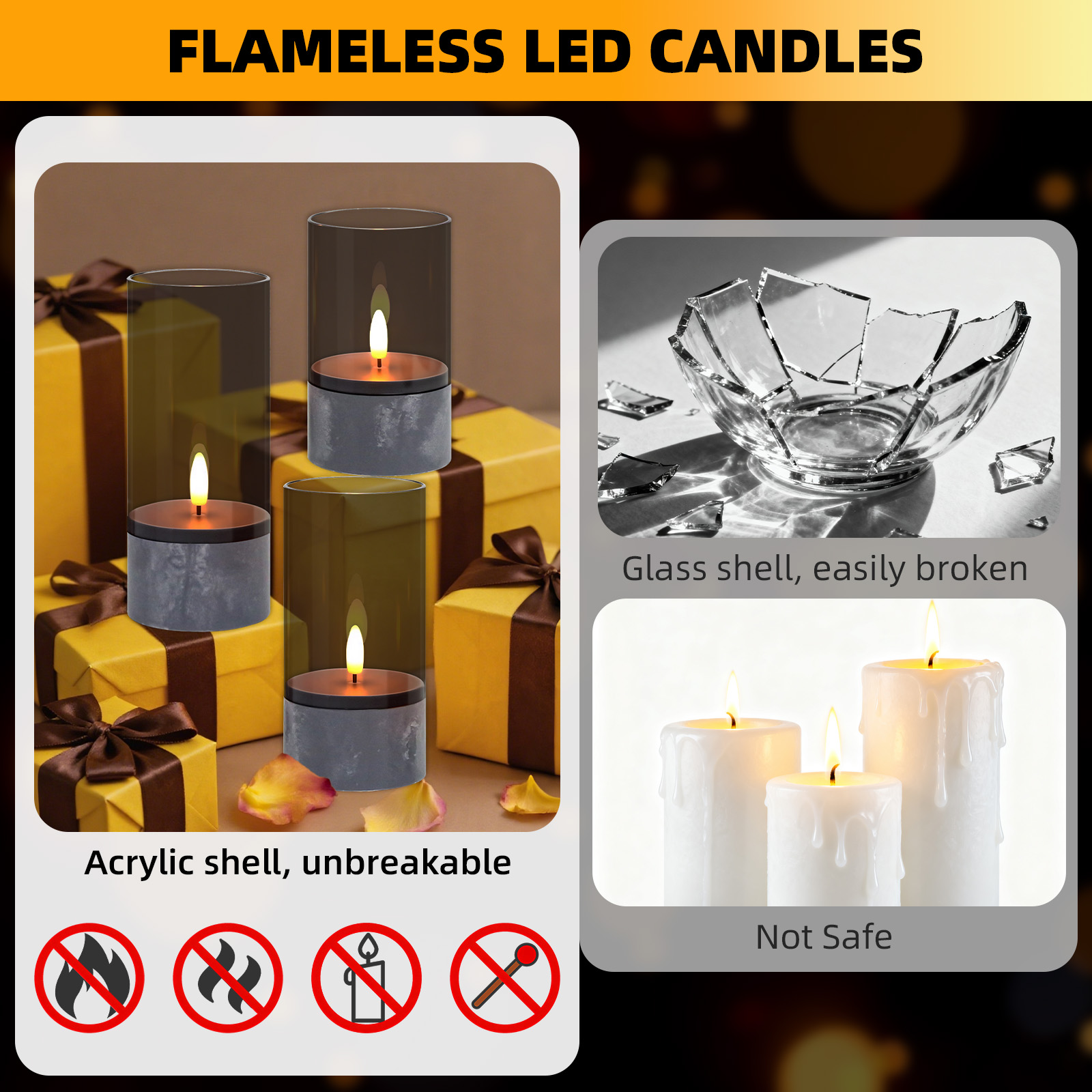 Das Bild zeigt flammenlose LED-Kerzen. Ein Abschnitt zeigt sichere Acrylkerzen, der andere zerbrochenes Glas und unsichere Wachskerzen.