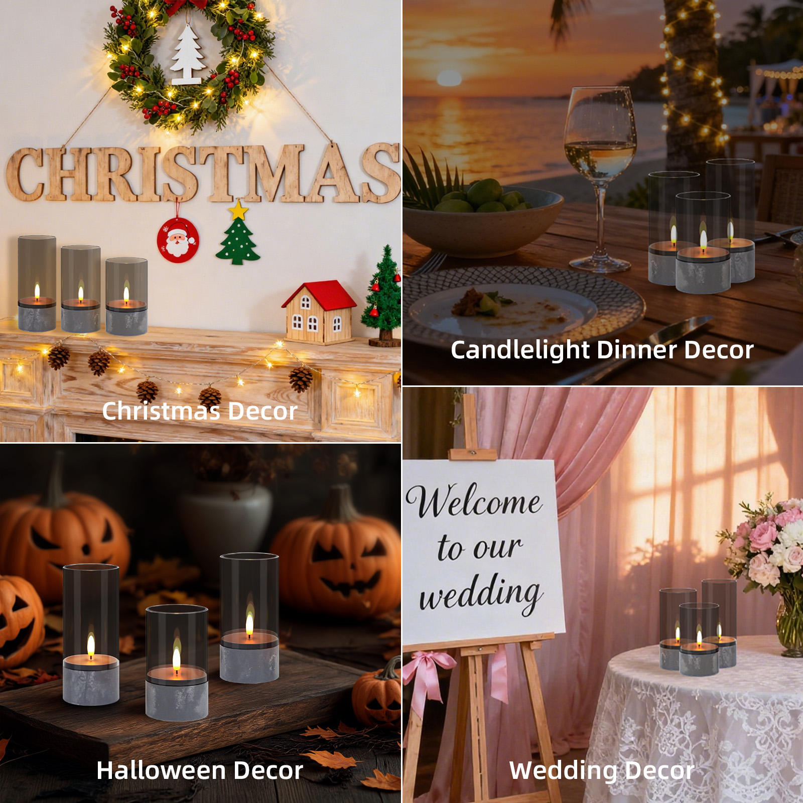 Das Bild zeigt vier verschiedene Szenen: Weihnachten, Candlelight-Dinner, Halloween und Hochzeitsdekor, jeweils mit Kerzen.