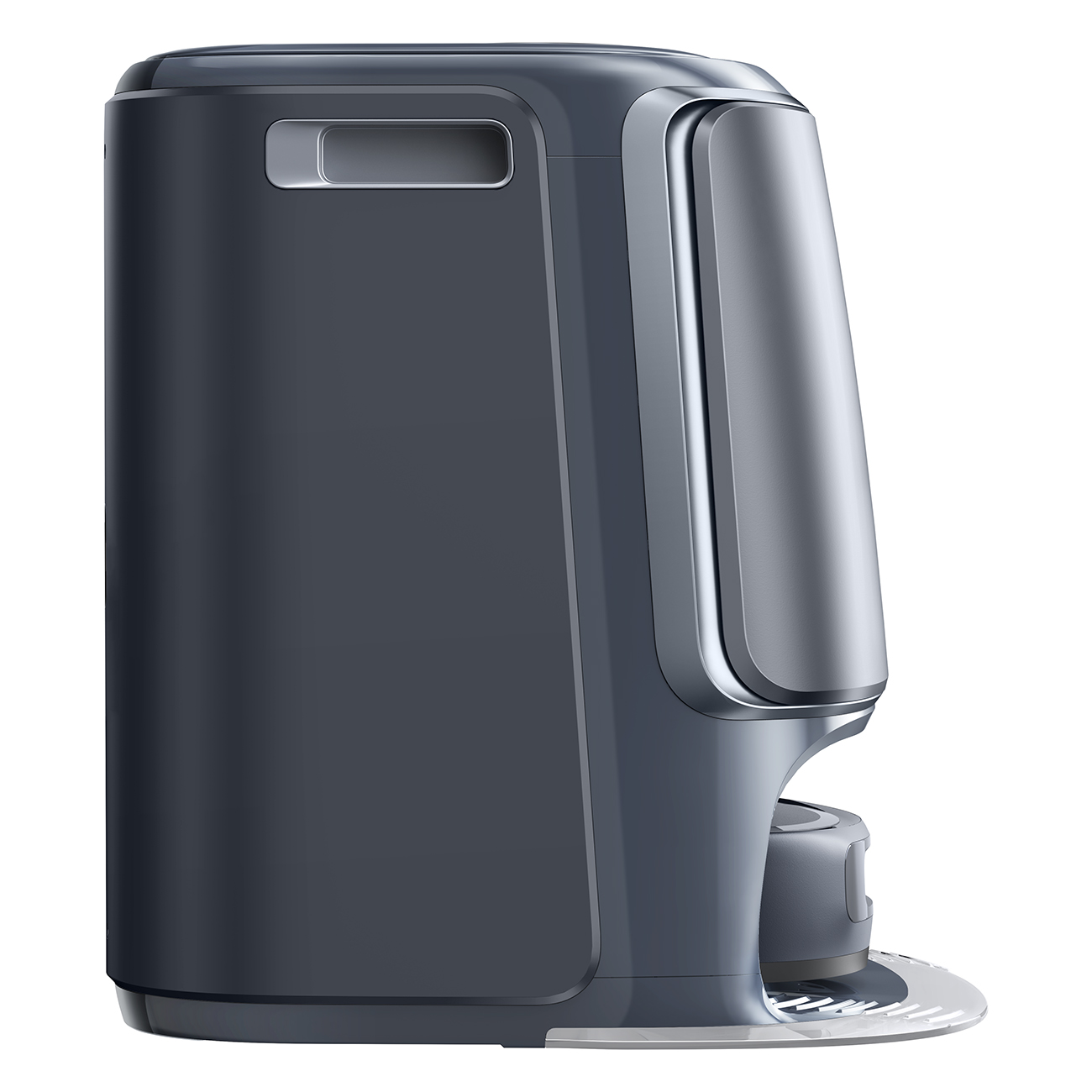 Nowoczesne, ciemnoszare urządzenie ze srebrnym uchwytem. Ma zakrzywioną, metalową stronę i okrągłą podstawę. Tło jest białe.