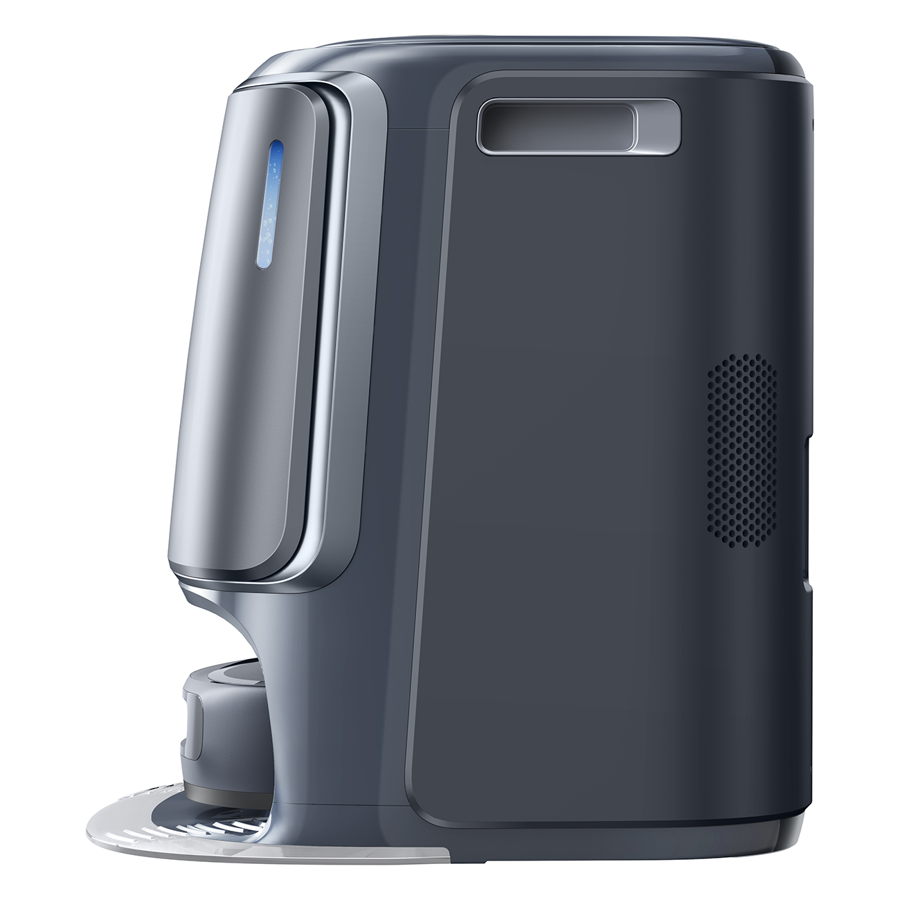 Ciemnoszary robot sprzątający. Ma srebrny przód z niebieskim paskiem świetlnym. Prawa strona jest ciemnoszara.