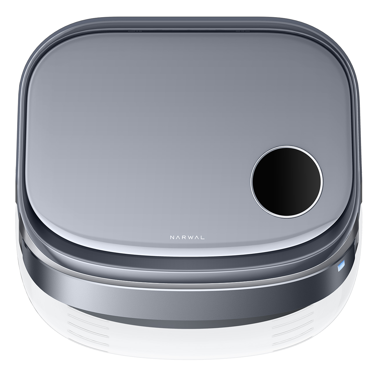 Szary robot sprzątający Narwal. Ma zaokrągloną górę z czarnym okrągłym elementem i białą podstawą.
