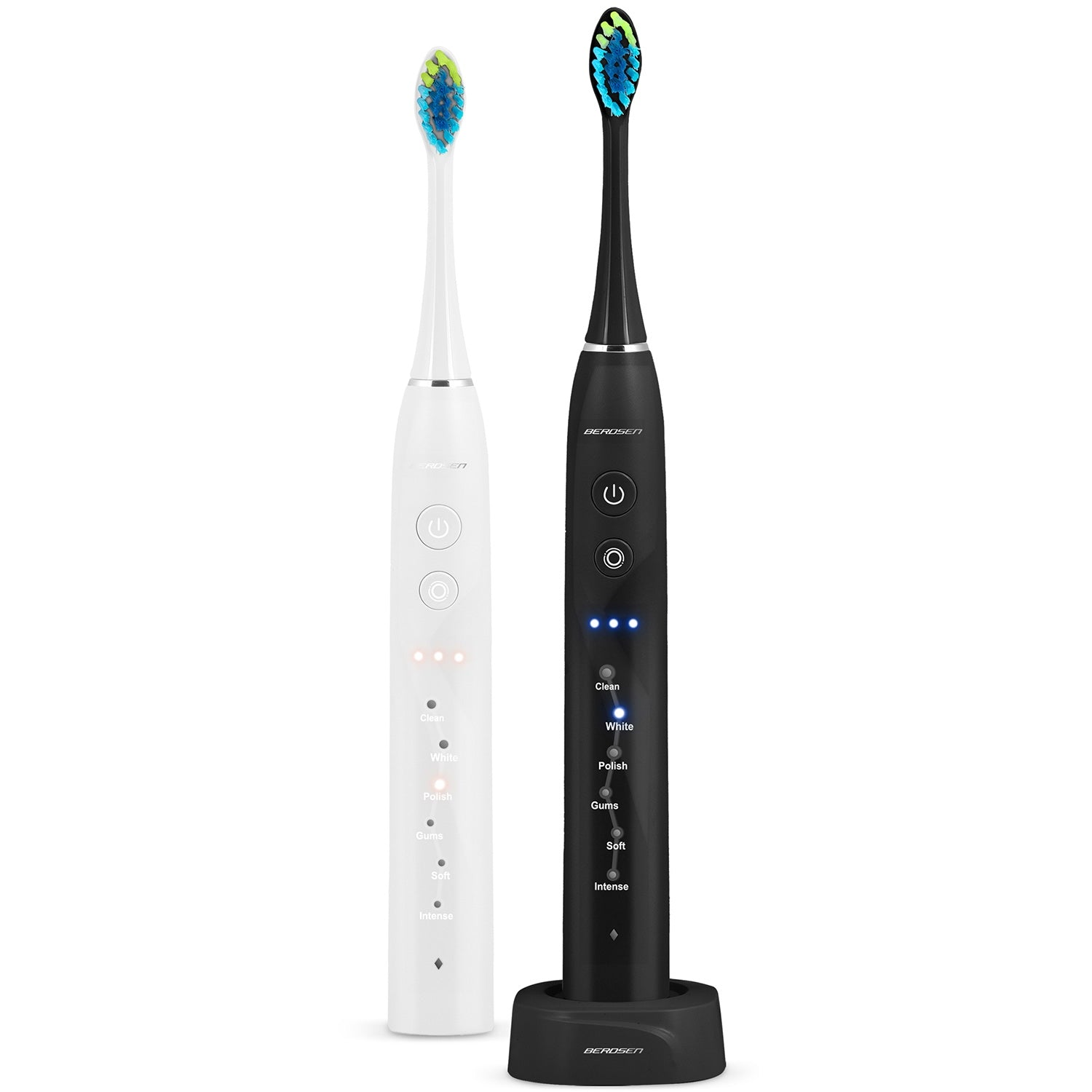 Dos cepillos de dientes eléctricos: blanco y negro. Cada uno tiene un cabezal de cerdas de color y ajustes de modo.