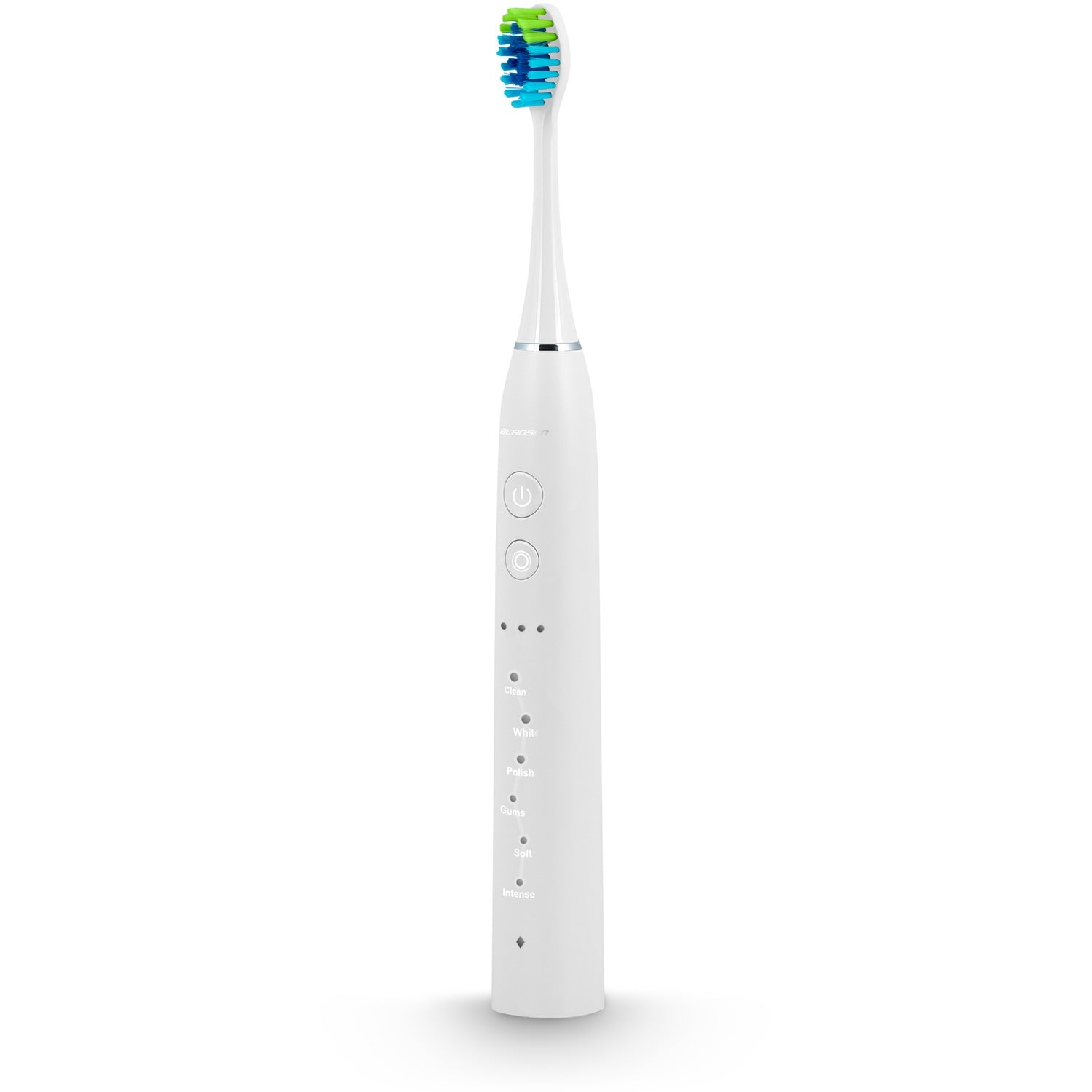 Un cepillo de dientes eléctrico blanco con un cabezal de cerdas azules y verdes. El mango tiene botones e indicadores para diferentes modos.
