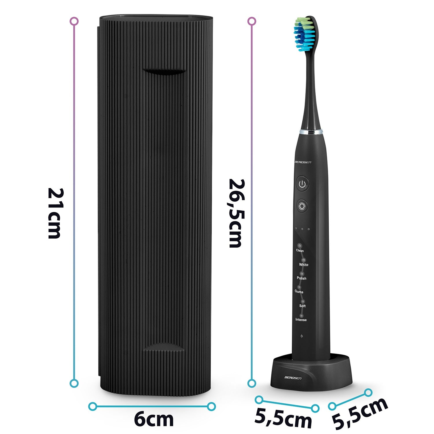 Cepillo de dientes eléctrico negro con base de carga y estuche. Las dimensiones se indican junto a cada artículo.