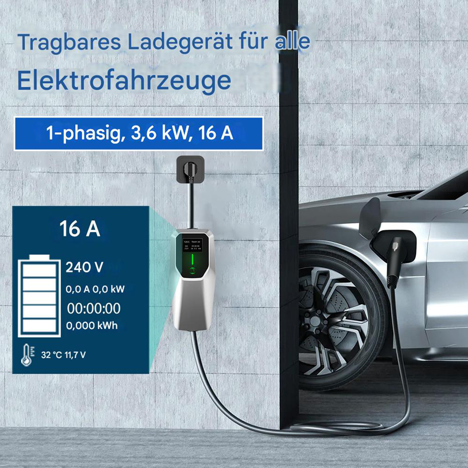 Ein Elektroauto wird geladen. Ein Ladegerät ist an das Auto angeschlossen. Informationen zum Ladegerät werden auf einem Bildschirm angezeigt.