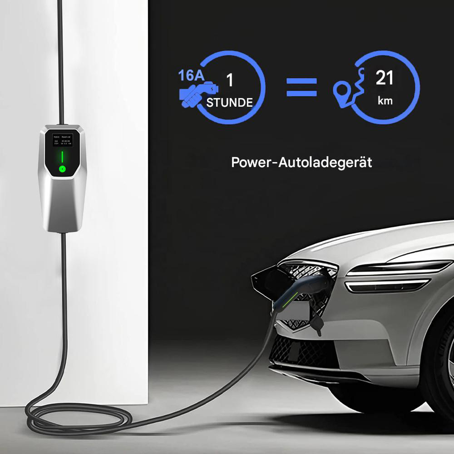 Ein Elektroauto wird geladen. Eine Ladestation zeigt 16A entspricht 21km. Das Auto ist weiß mit einem angeschlossenen Ladekabel.