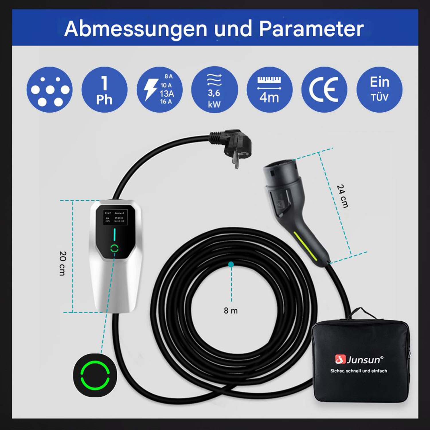 Ein Ladegerät für Elektrofahrzeuge mit Kabel, Stecker und einer Tragetasche. Abmessungen sind angegeben. Symbole zeigen Strom- und Sicherheitszertifizierungen.