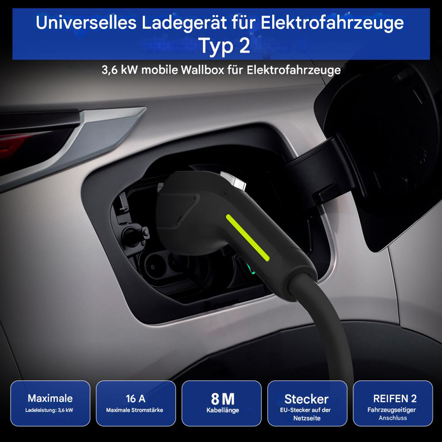 Ein Elektroauto wird geladen. Ein Ladekabel ist in den Ladeanschluss des Autos eingesteckt. Text beschreibt Ladegerätespezifikationen.