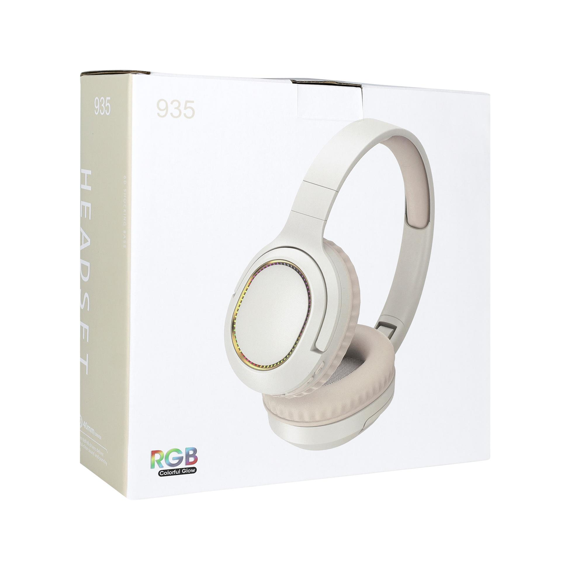 Ein weißes Headset auf einer weißen Schachtel mit dem Text '935 HEADSET' an der Seite. Die Schachtel hat auch 'RGB Colorful Glow' darauf.