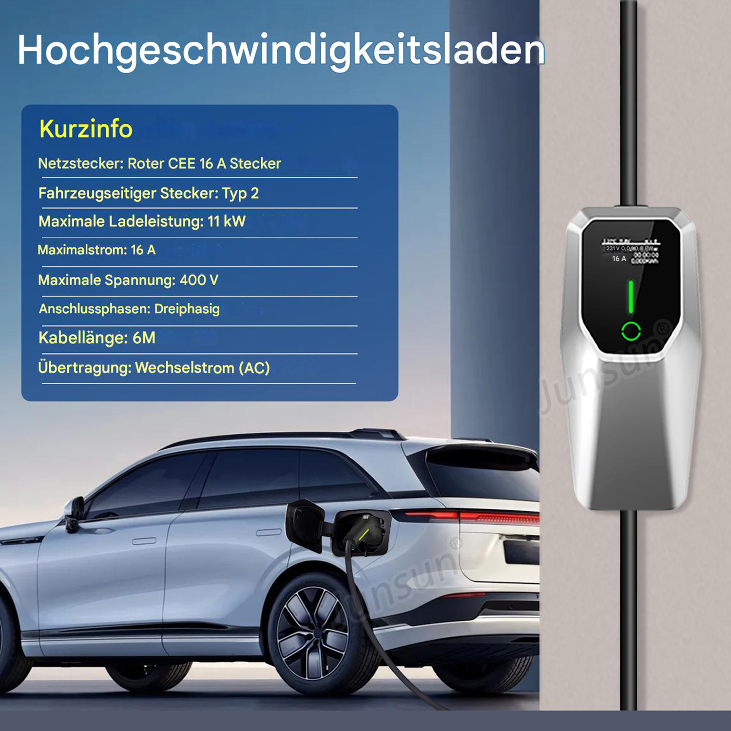 Ein Elektroauto lädt. Eine Ladestation ist mit dem Auto verbunden. Informationstafel links. Ladegerät zeigt Daten an.