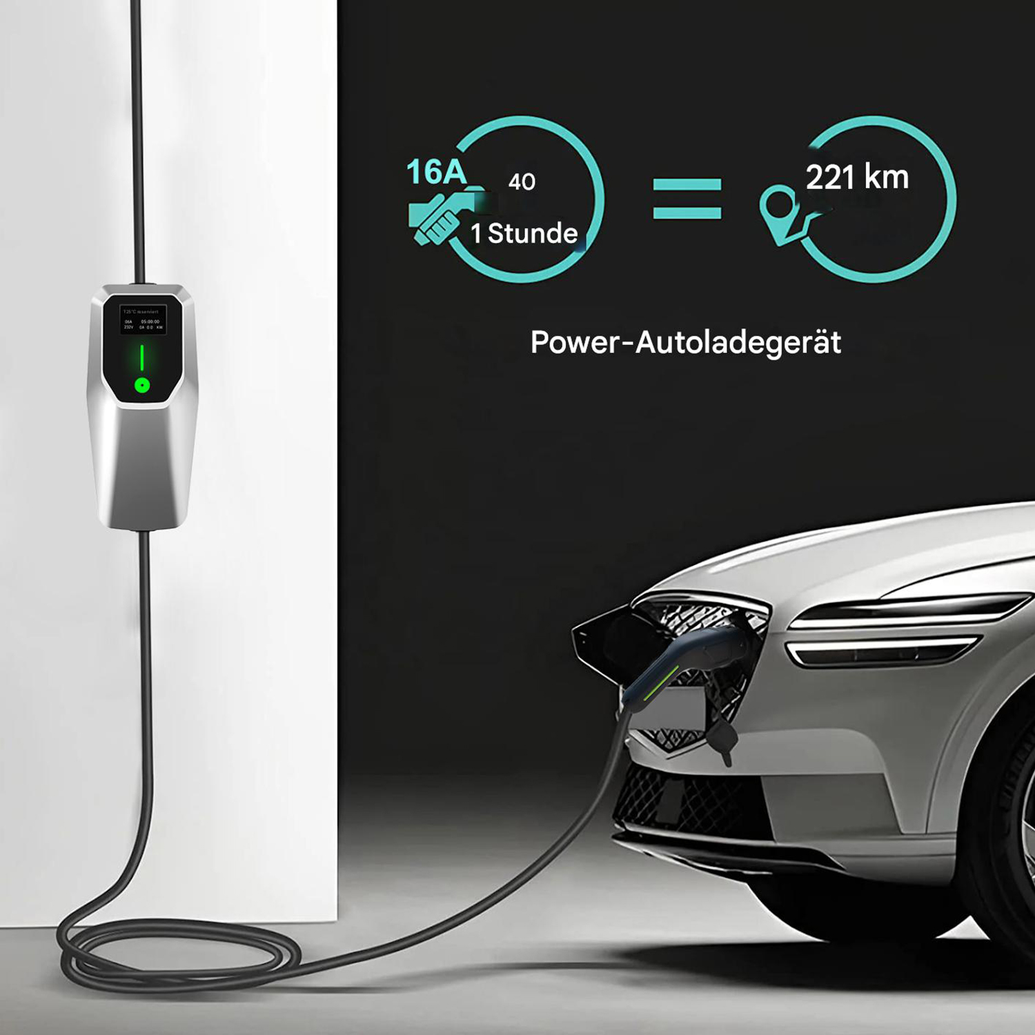Ein Elektroauto wird geladen. Ein Ladegerät zeigt 16A, 1 Stunde entspricht 221 km. Das Ladegerät ist mit dem Auto verbunden.