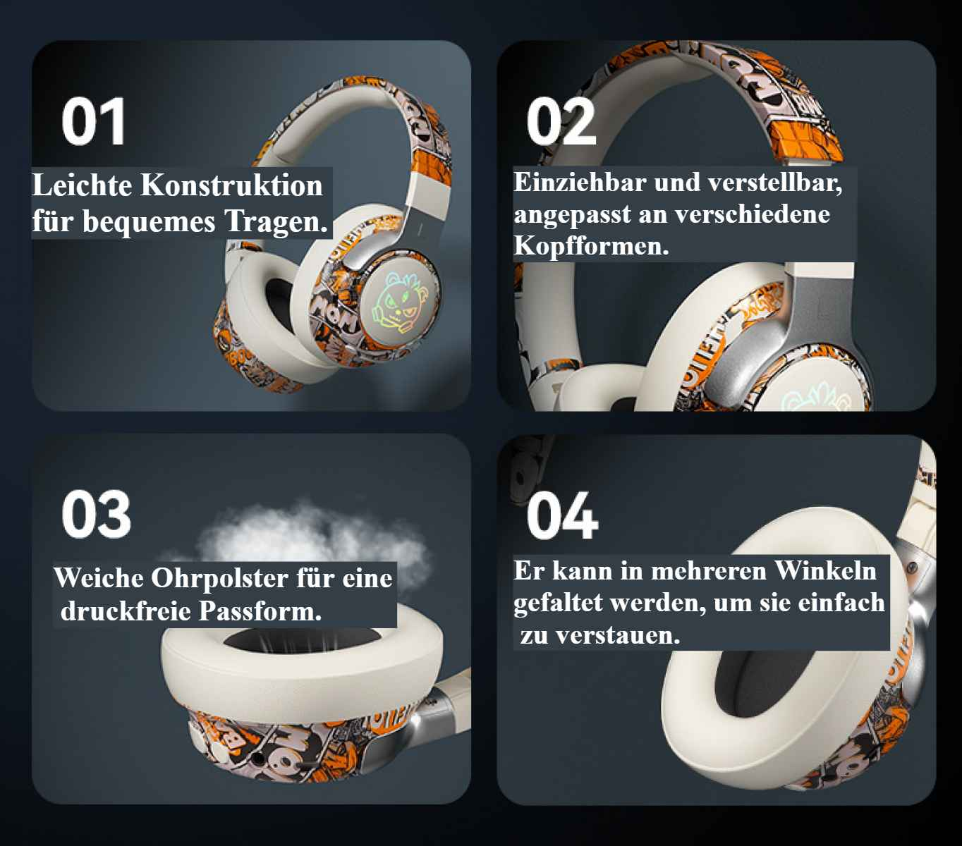 Kopfhörer mit weißen Ohrmuscheln und Kopfband. Das Kopfband hat orangefarbene und schwarze Muster. Das Bild hat vier Abschnitte.