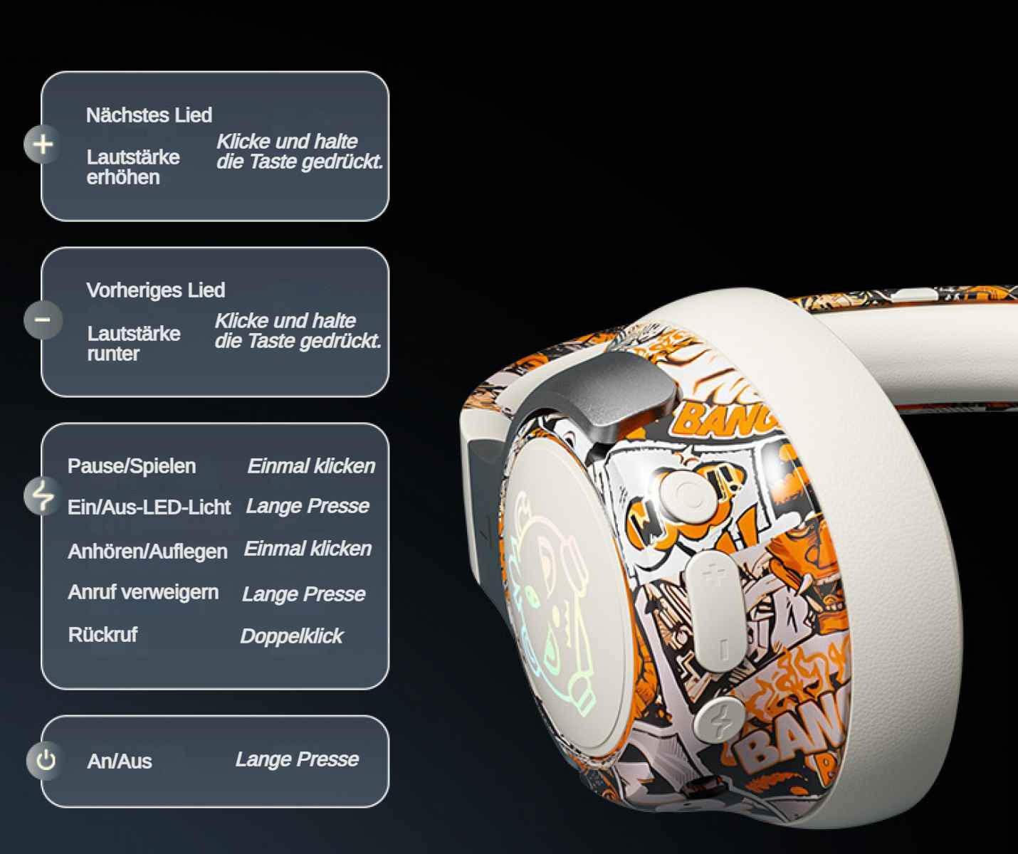 Ein weißes und orangefarbenes Grafik-Headset. Textanweisungen sind links. Das Headset hat Knöpfe, einen silbernen Knopf und ein Design.